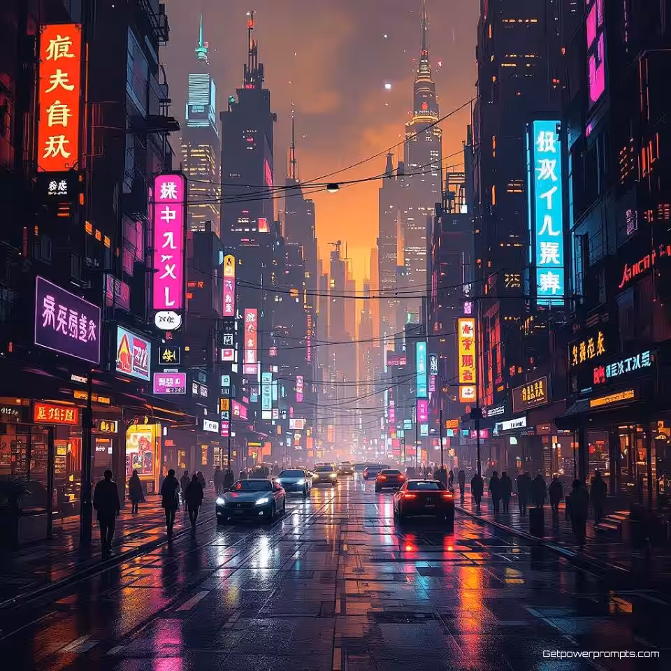 Futuristisch stadslandschap met neonverlichting, digitaal schilderen illustratie, mysterieus sfeer, breed shot perspectief, pastelkleuren, gedetailleerde omgeving, sfeervolle belichting, digitale schilderstijl