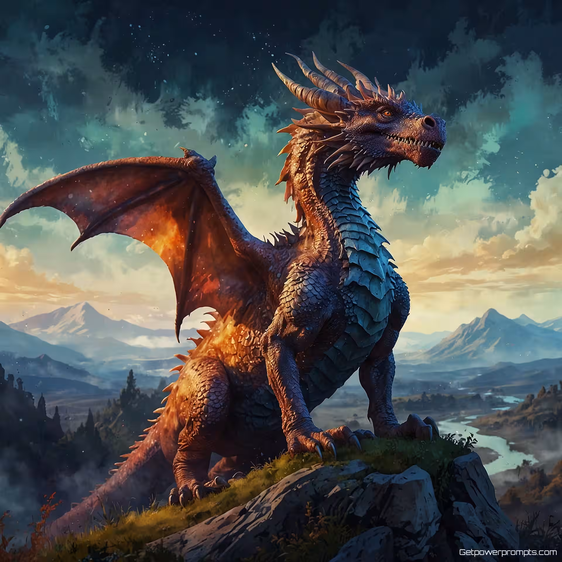 Draak, digitale schilderkunst illustratie, mystiek sfeer, volledig lichaam perspectief, pastel, fantasielandschap achtergrond, mythisch wezen ontwerp, magische elementen, gedetailleerde fantasy kunst, fantasierijk personage, digitale schilderkunst