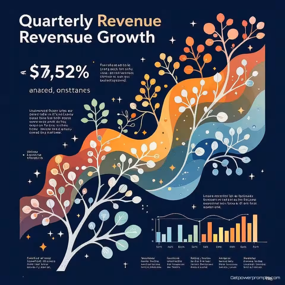 Kwartaalomzetgroei, aquarel biomimicry infographic, aardtinten kleurenschema, hiërarchisch compositie, rustgevend atmosfeer, organische vloeiende vormen, natuurgeïnspireerde datapatronen, visualisatie van biologische structuren, gradiëntovergangen, modern infographic ontwerp, professionele esthetiek