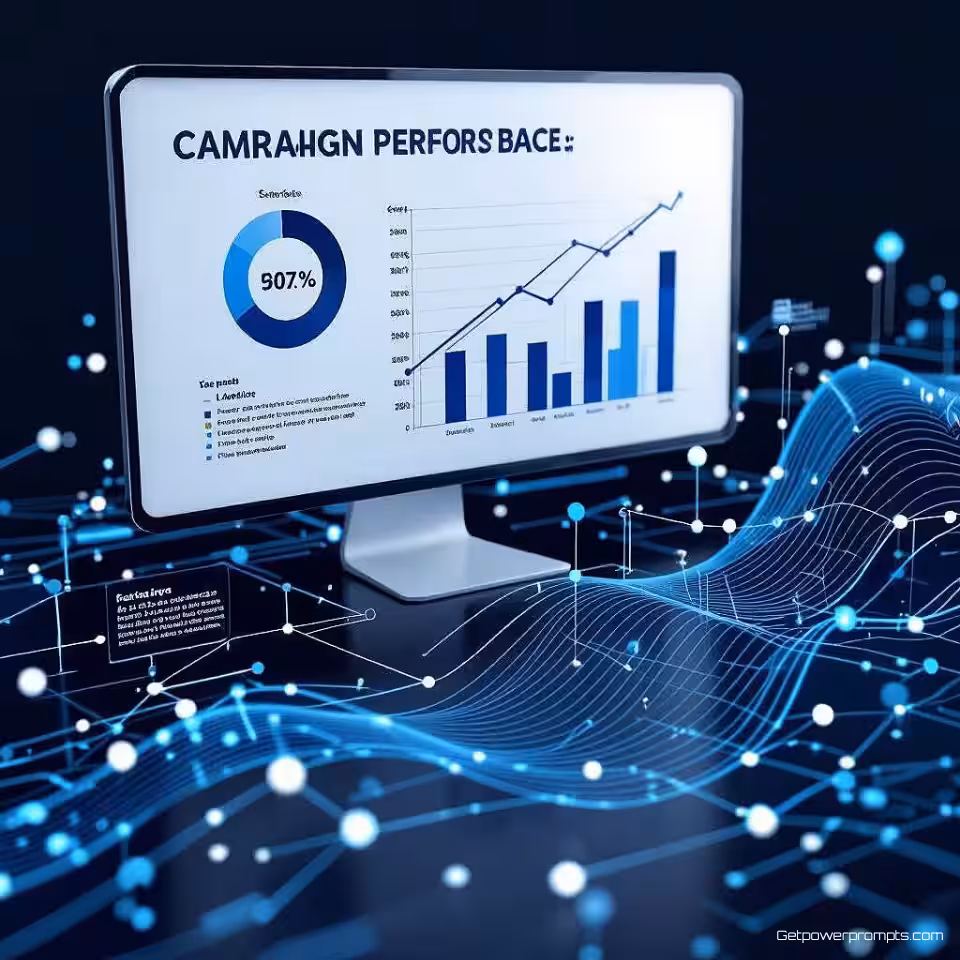 Campagneprestatiegegevens, corporate infographic ontwerp, 3D-rendering weergave, corporate blauwtinten kleurenschema, stroomdiagram lay-out compositie, professionele sfeer atmosfeer, vloeiende gegevensstromen, onderling verbonden knooppunten, professionele bedrijfsvisualisatie, schone typografie, moderne corporate esthetiek