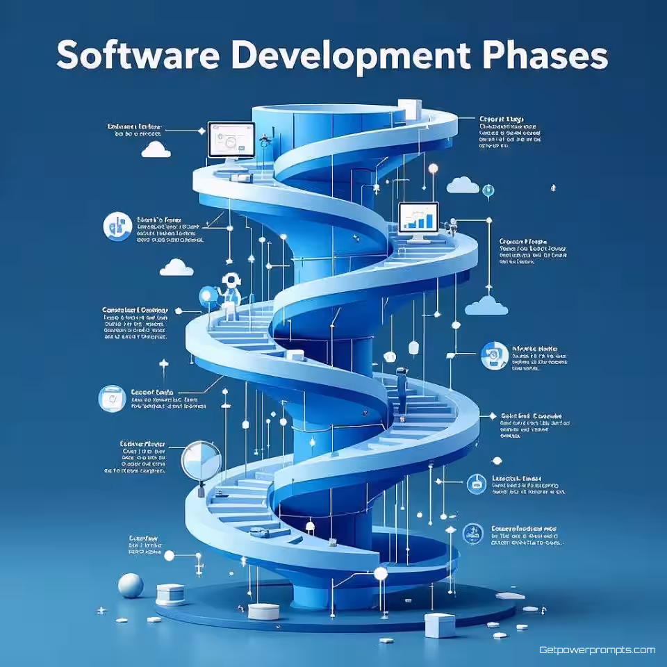 Softwareontwikkelingsfasen, 3D render waterval infographic, zakelijke blauwtinten kleurenschema, centraal uitgelijnd compositie, professioneel en helder sfeer, cascaderende datastromen, gelaagde informatiestroom, verticale progressievisualisatie, gradiëntovergangen, moderne infographic ontwerp, professionele esthetiek