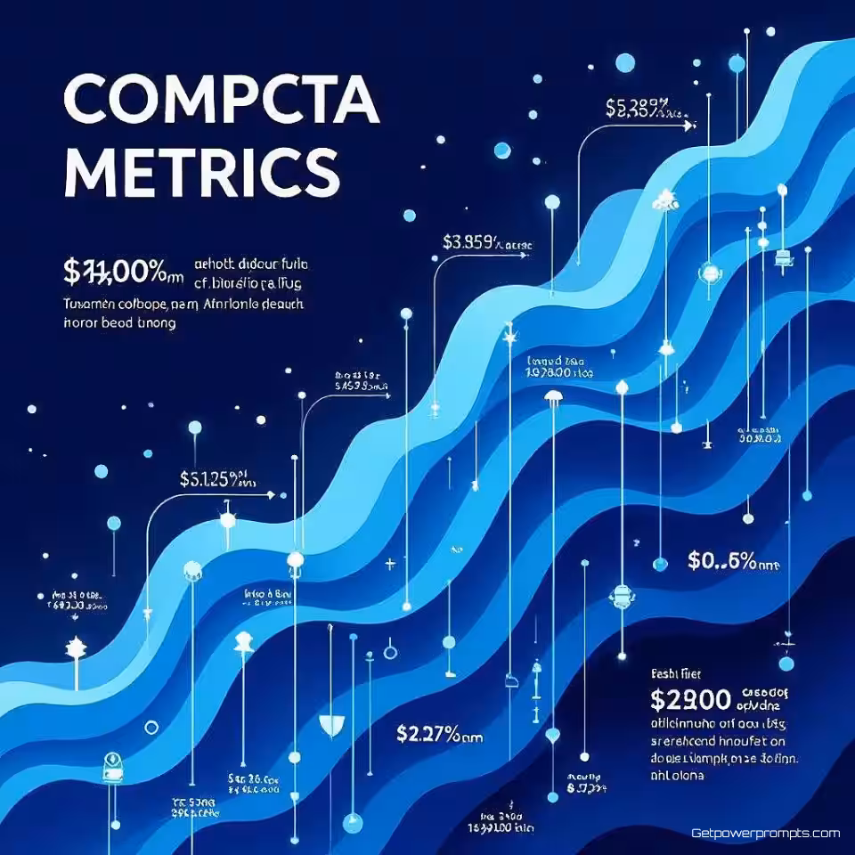 Bedrijfsfinanciële metrieken, 3D render waterval infographic, zakelijke blauwtinten kleurenschema, centraal uitgelijnd compositie, professioneel en helder sfeer, cascaderende datastromen, gelaagde informatiestroom, verticale progressievisualisatie, gradiëntovergangen, moderne infographic ontwerp, professionele esthetiek