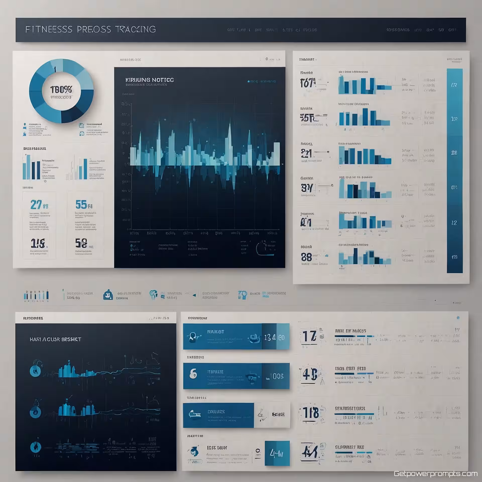 Fitnessvoortgangsvolging, schoon zakelijk ontwerp infographic, professionele blauwtinten, geordende rasterindeling compositie, zakelijke professionele sfeer sfeer, schone typografie, datavisualisatie-elementen, professioneel ontwerp