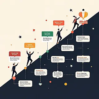 Bedrijfsgroei tijdlijn, flat design tijdlijn infographic, warme tinten kleurenschema, horizontale stroom compositie, professioneel sfeer, chronologische gegevensstroom, mijlpaalmarkeringen, progressieve informatieweergave, schone typografie, professionele data storytelling, modern infographic ontwerp