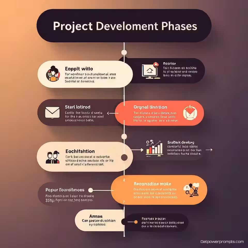 Projectontwikkeling fasen, flat design tijdlijn infographic, warme tinten kleurenschema, horizontale stroom compositie, professioneel sfeer, chronologische gegevensstroom, mijlpaalmarkeringen, progressieve informatieweergave, schone typografie, professionele data storytelling, modern infographic ontwerp