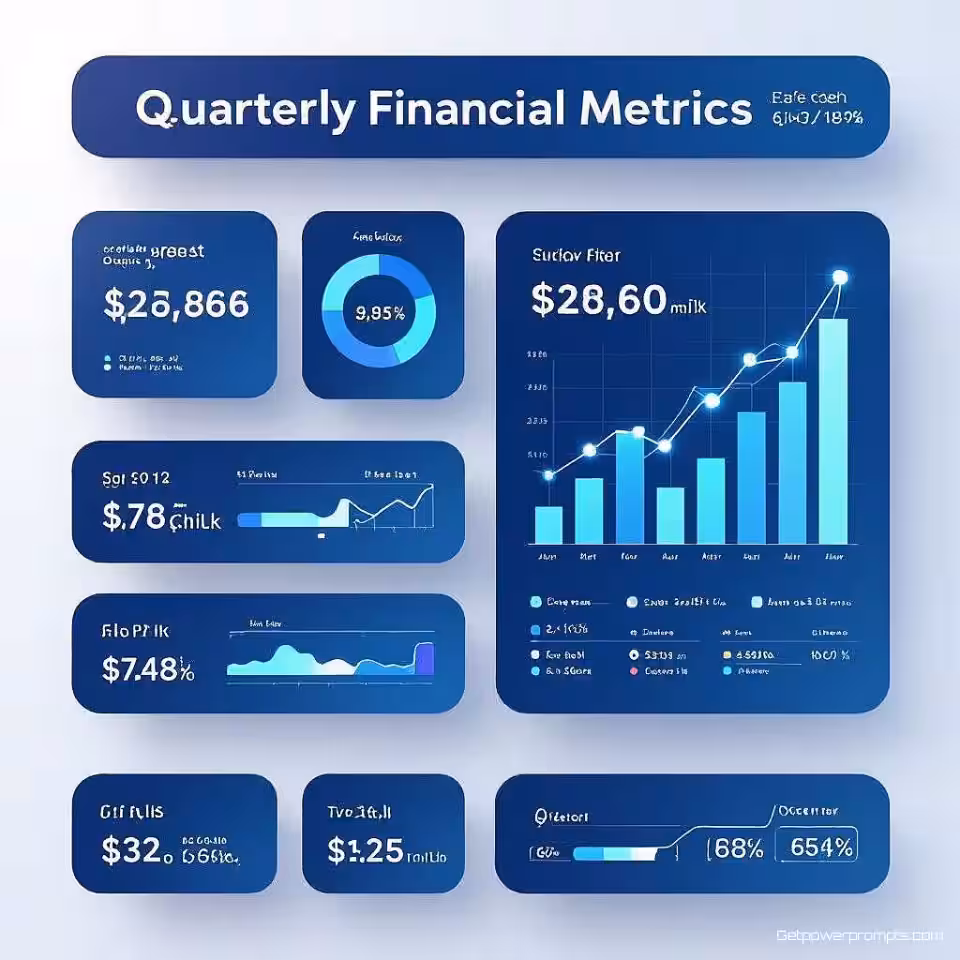 Kwartaal financiële metrieken, interactieve dashboard infographic, 3D-rendering weergave, zakelijke blauwtinten, rasterlay-out compositie, professioneel en modern atmosfeer, dynamische gegevenselementen, interactieve UI-componenten, gloeiende datapunten, hover-effecten visualisatie, professioneel analytics ontwerp, moderne gegevensinterface