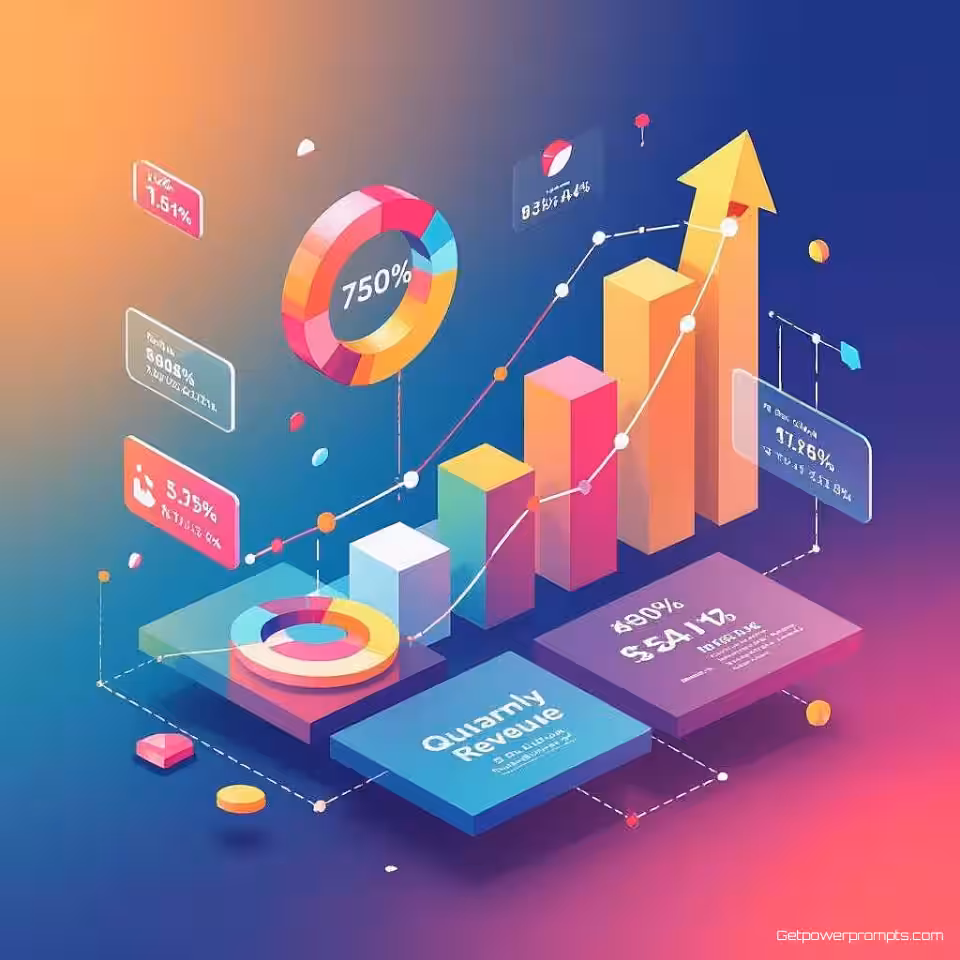 Kwartaalomzetgroei, isometrische infographic, fel contrasterende kleuren, modulaire rasterlay-out compositie, platte vectorstijl weergave, zwevende data-elementen, geometrische diepte, schone typografie, moderne datavisualisatie, professioneel ontwerp
