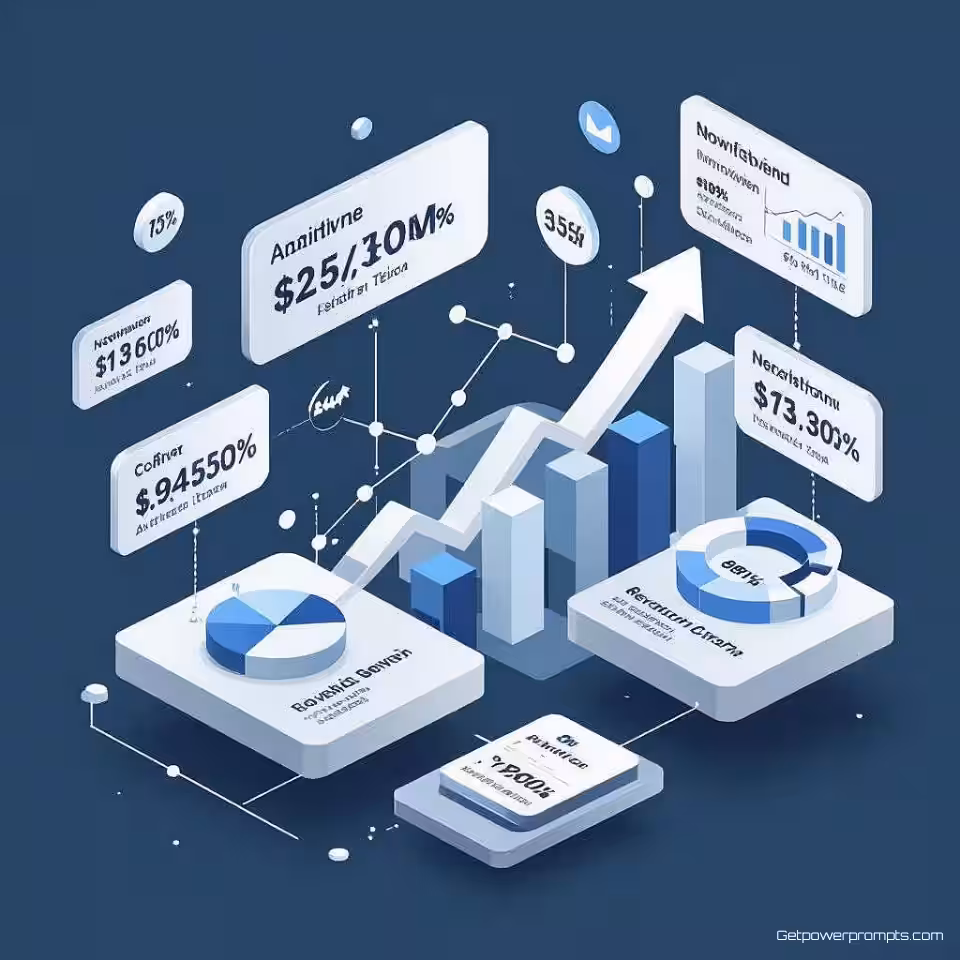 Kwartaalomzetgroei, isometrische infographic, blauwe en grijze tinten, modulaire rasterlay-out compositie, platte vectorstijl weergave, zwevende data-elementen, geometrische diepte, schone typografie, moderne datavisualisatie, professioneel ontwerp