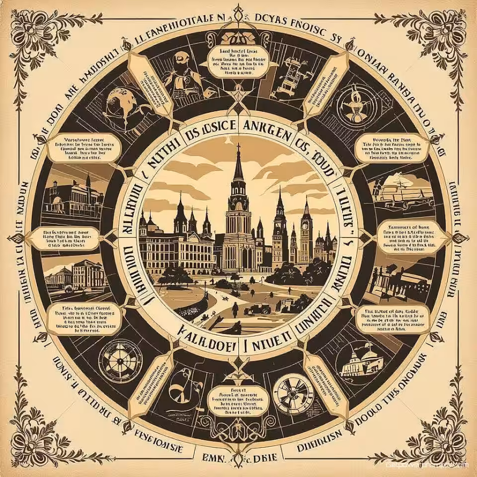 Historische gebeurtenissen tijdlijn, vintage infographic ontwerp, art deco illustratie, sepia tonen kleurenschema, cirkelvormige lay-out compositie, retro typografie, verouderd papier textuur, handgetekende elementen, nostalgisch atmosfeer, nostalgische datavisualisatie, klassiek design esthetiek