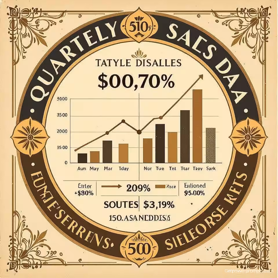 Kwartaal verkoopgegevens, vintage infographic ontwerp, art deco illustratie, sepia tonen kleurenschema, cirkelvormige lay-out compositie, retro typografie, verouderd papier textuur, handgetekende elementen, nostalgisch atmosfeer, nostalgische datavisualisatie, klassiek design esthetiek