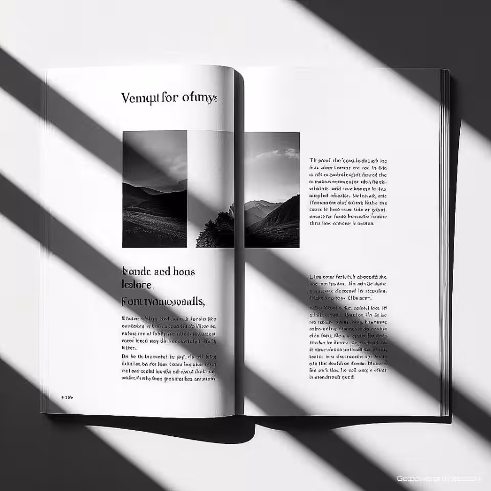 Hoofdartikel lay-out, minimalistisch ontwerp, monochroom palet kleurenschema, papier textuur achtergrond achtergrond, zachte verlichting verlichting, gelaagde compositie arrangement, tijdschrift spread ontwerp, redactionele esthetiek, professionele lay-out, typografische hiërarchie, visuele verhaalvertelling, drukpublicatie kwaliteit