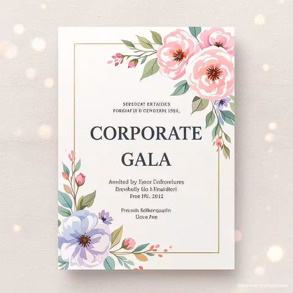 Zakelijk gala uitnodiging, aquarel illustratie, pastel kleurenpalet kleurenschema, gestructureerd papier achtergrond achtergrond, zachte verlichting verlichting, gecentreerde lay-out lay-out, elegante uitnodigingsontwerp, decoratieve elementen, premium printkwaliteit, verfijnde typografie, subtiele schaduwen, formeel evenement esthetiek