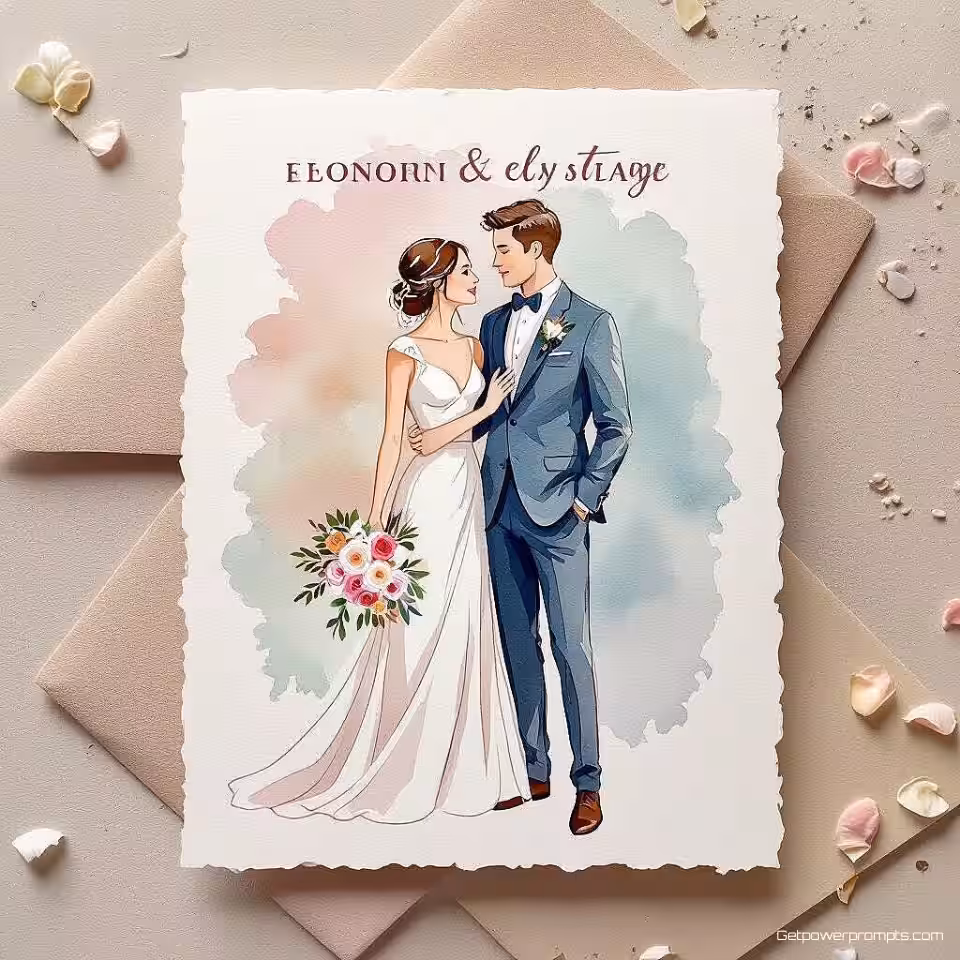 Bruiloft uitnodiging, aquarel illustratie, pastel kleurenpalet kleurenschema, gestructureerd papier achtergrond achtergrond, zachte verlichting verlichting, gecentreerde lay-out lay-out, elegante uitnodigingsontwerp, decoratieve elementen, premium printkwaliteit, verfijnde typografie, subtiele schaduwen, formeel evenement esthetiek