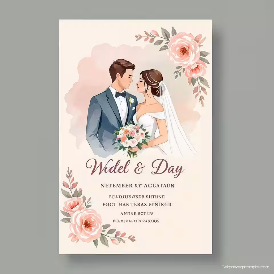 Bruiloft uitnodiging, aquarel illustratie, pastel kleurenpalet kleurenschema, gestructureerd papier achtergrond achtergrond, zachte verlichting verlichting, gecentreerde lay-out lay-out, elegante uitnodigingsontwerp, decoratieve elementen, premium printkwaliteit, verfijnde typografie, subtiele schaduwen, formeel evenement esthetiek