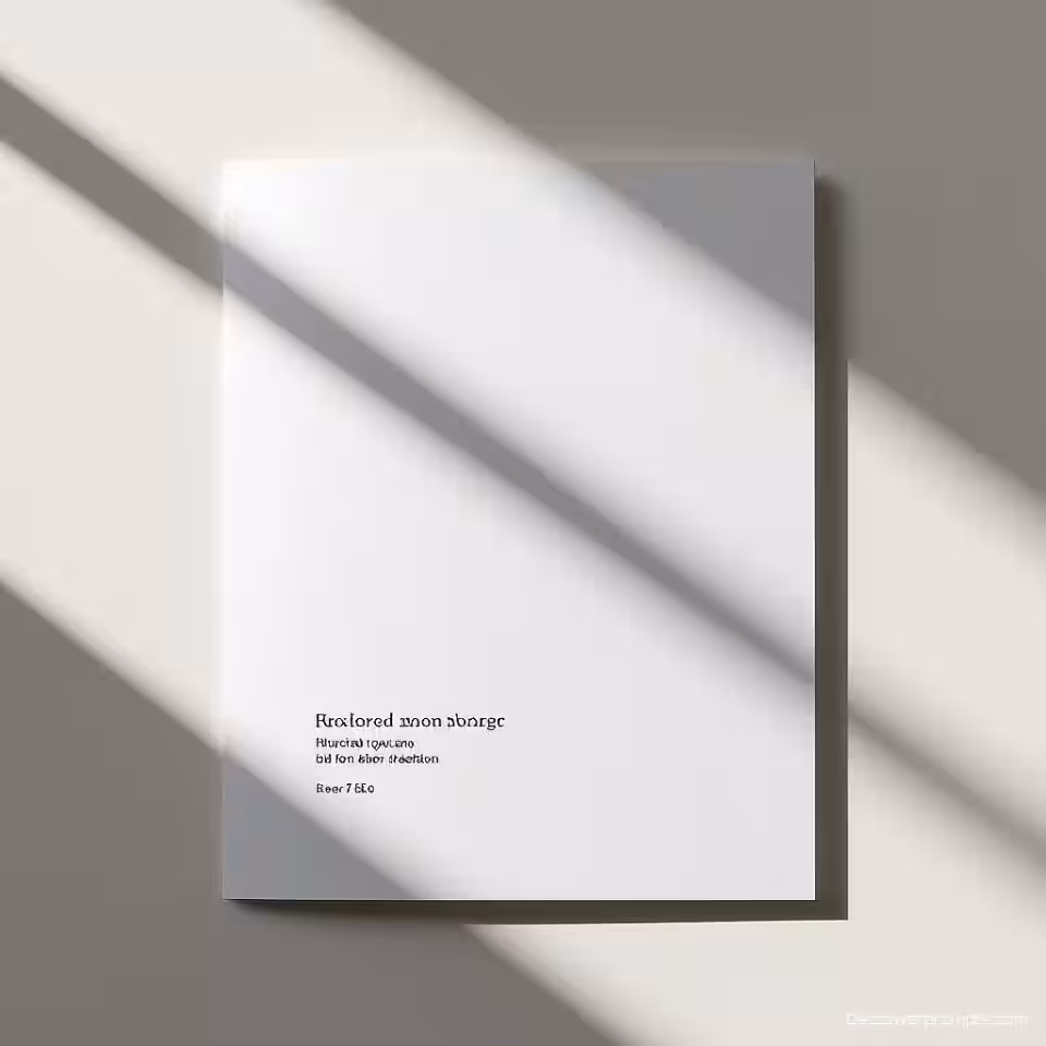 Brochure omslag, minimalistisch, minimalistische printdesign esthetiek, witte achtergrond achtergrond, zacht studio verlichting, centrale compositie lay-out, schone typografie, negatieve ruimte, professionele presentatie, subtiele schaduwen, premium printkwaliteit