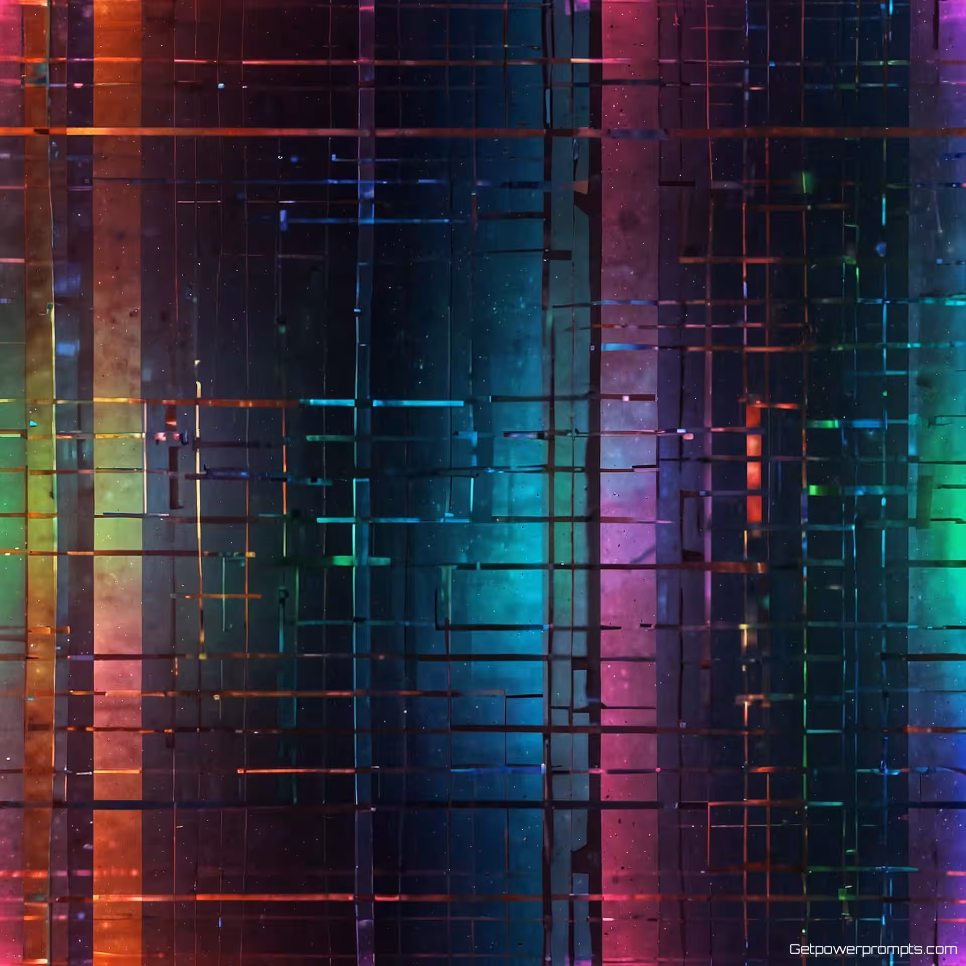 Geometrisch raster, digitale kunsttextuur, futuristisch, futuristisch ontwerp, neon regenboog, omgevingslicht verlichting, iriserend oppervlak, geometrische interferentiepatronen, naadloze herhaling, etherische gloed, digitaal hologram effect, ingewikkelde lichtbreking