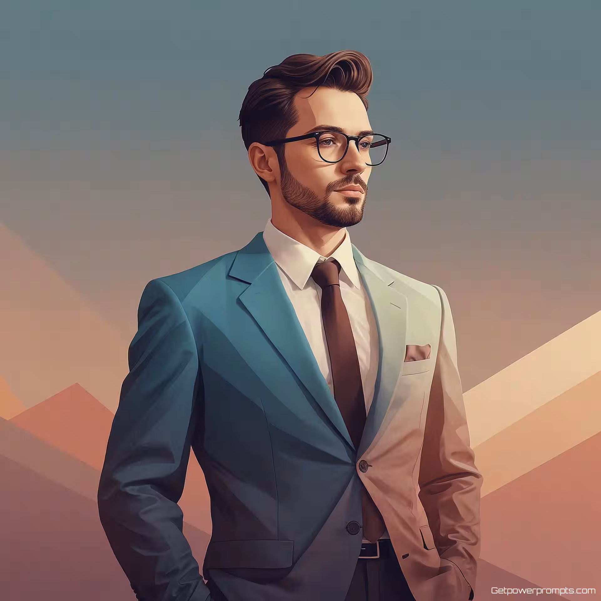 Zakenprofessional karakter, vector illustratie, minimalistisch stijl, portret perspectief, pasteltinten kleurenschema, moderne esthetiek, schone vectorlijnen, digitale karakterkunst, abstract achtergrond, expressieve kenmerken, schaalbare artwork