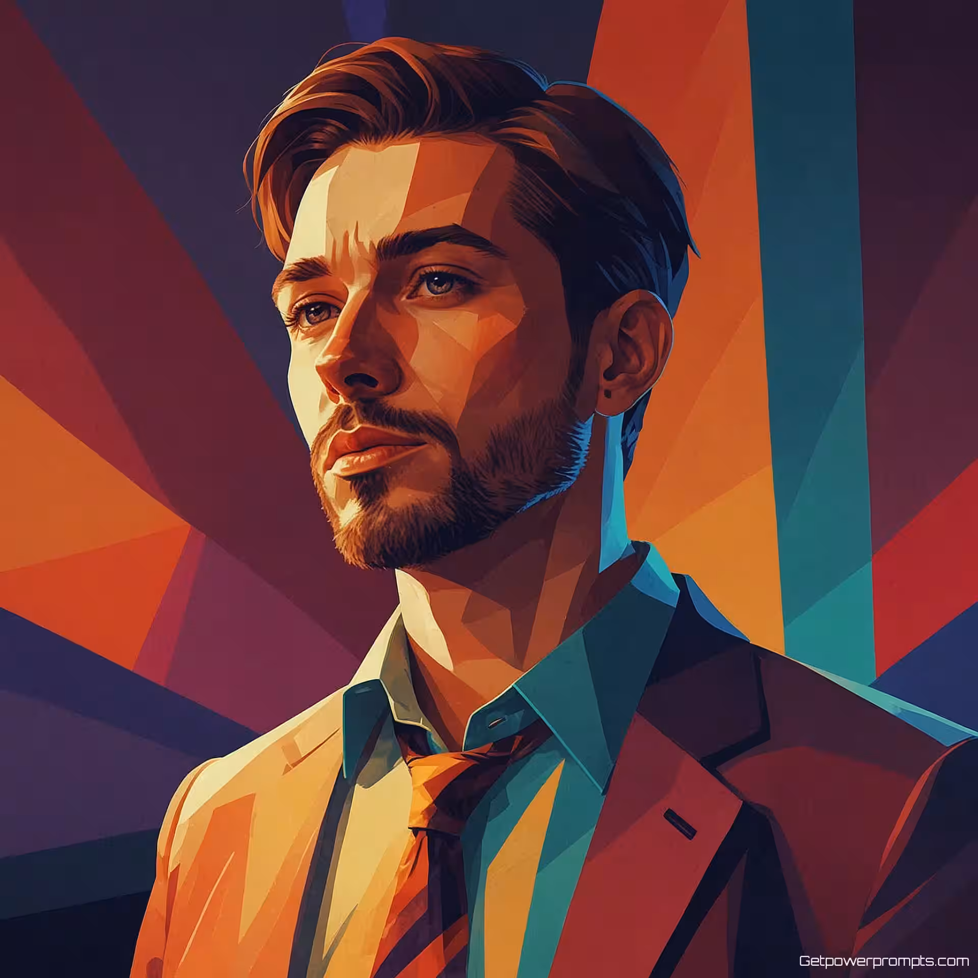 Zakenprofessional karakter, vector illustratie, geometrisch stijl, portret perspectief, levendige kleuren kleurenschema, moderne esthetiek, schone vectorlijnen, digitale karakterkunst, abstract achtergrond, expressieve kenmerken, schaalbare artwork