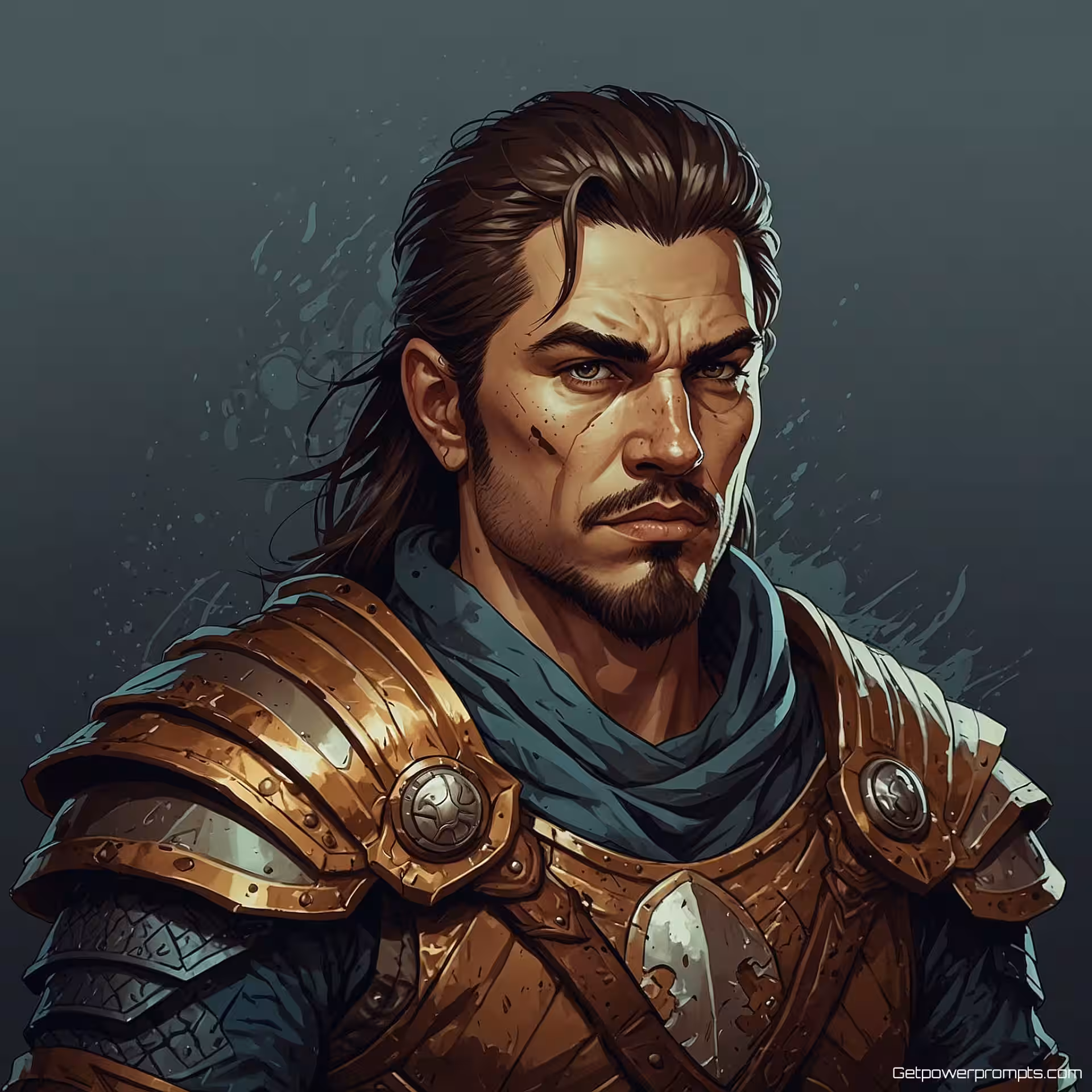 Fantasy krijger, vector portret illustratie, gedetailleerd stijl, driekwart aanzicht perspectief, koele kleuren kleurenschema, expressieve gezichtskenmerken, schone vectorlijnen, schaalbare artwork, effen achtergrond, gedetailleerde vectorweergave, modern portretkunst