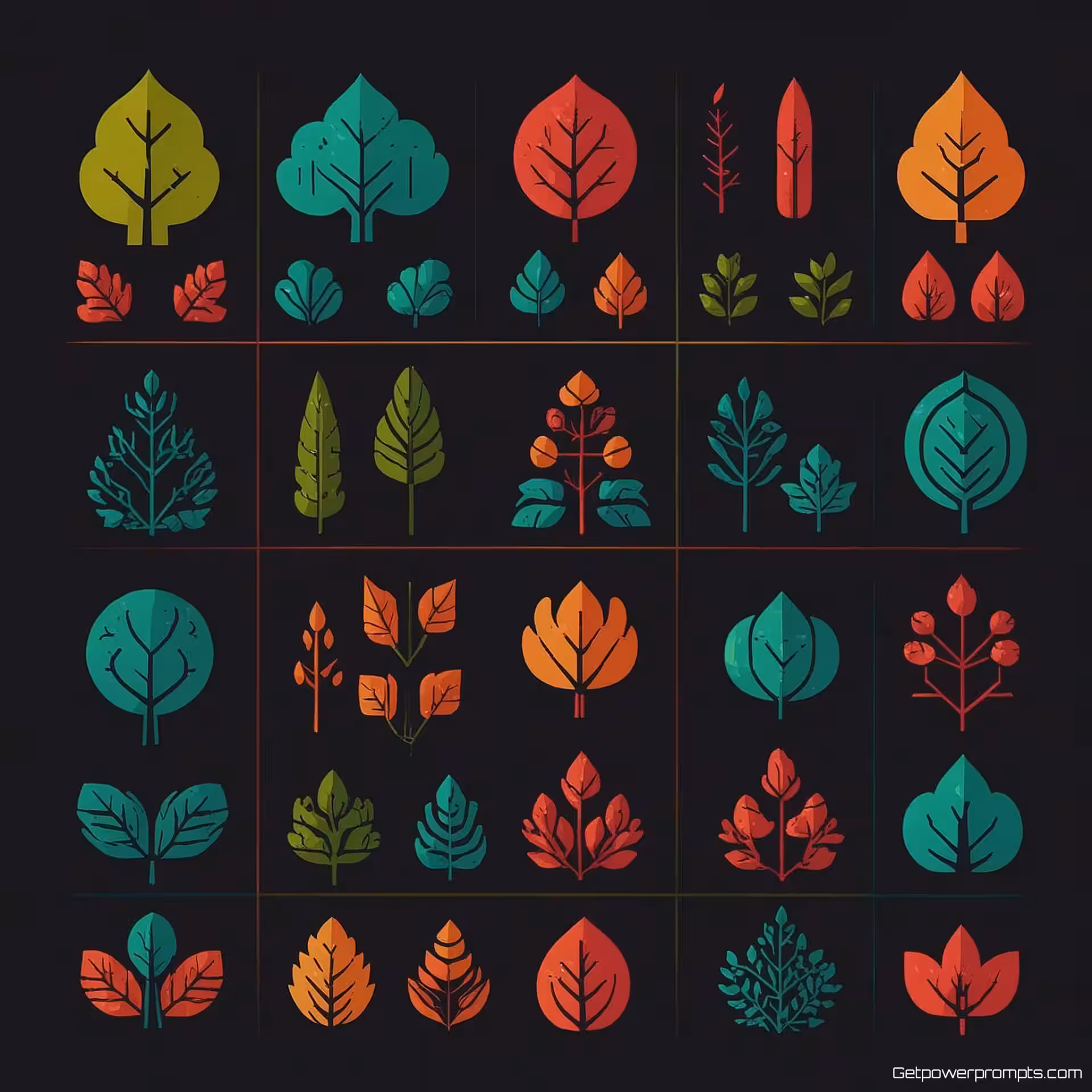 Natuur iconen, vectorillustratie, minimalistisch stijl, roosterindeling opstelling, levendig kleurenschema, schone vectorlijnen, schaalbaar artwork, consistent ontwerpsysteem, moderne esthetiek, transparant achtergrond