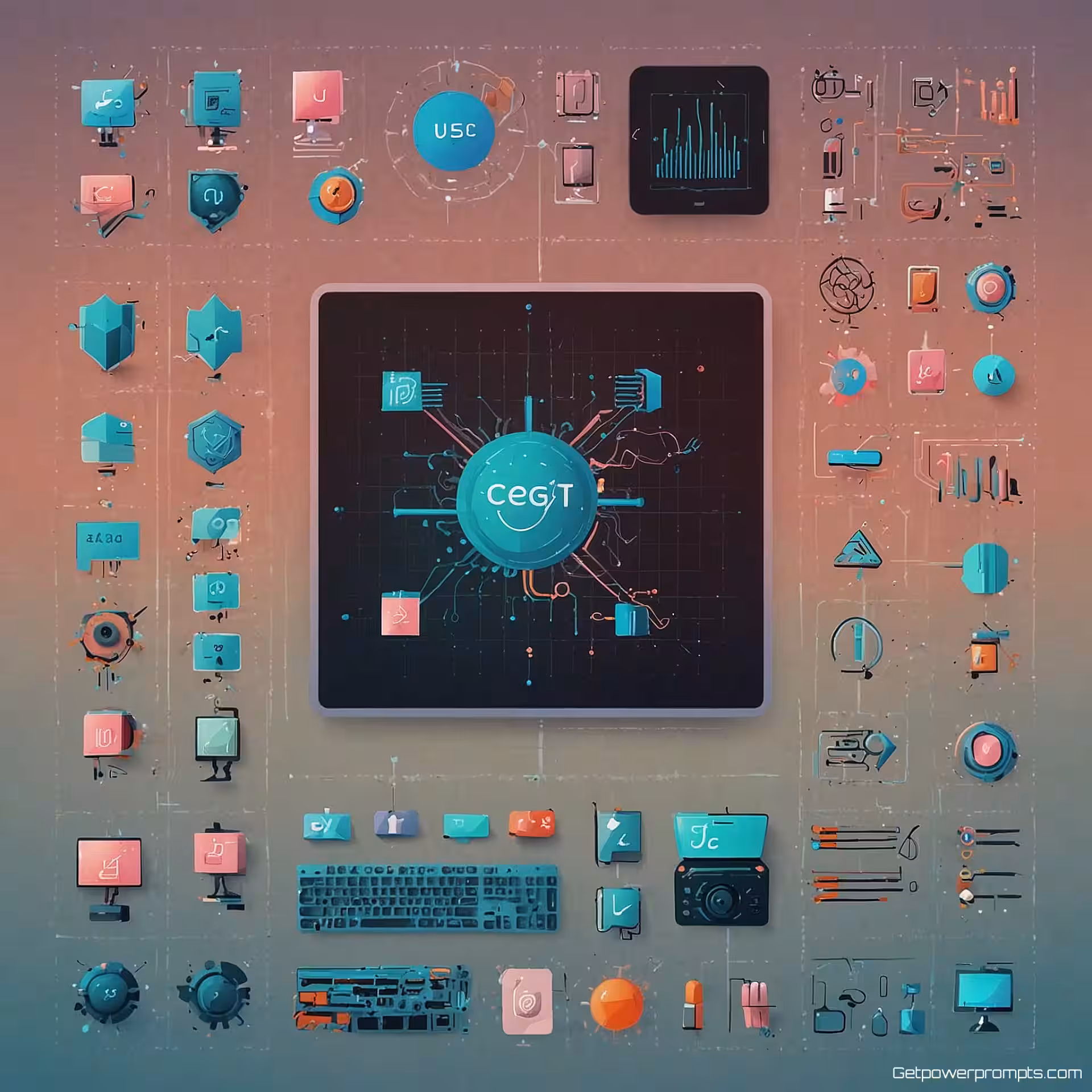 Technologie iconen, vectorillustratie, gedetailleerd stijl, roosterindeling opstelling, pastel kleurenschema, schone vectorlijnen, schaalbaar artwork, consistent ontwerpsysteem, moderne esthetiek, transparant achtergrond