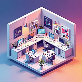 Hedendaagse kantoorruimte, vector isometrische illustratie, ingewikkeld en complex stijl, isometrisch perspectief, helder en kleurrijk kleurenschema, schone vectorlijnen, schaalbare artwork, 3D vectorontwerp, geometrische compositie, enkele kleurachtergrond achtergrond, moderne isometrische kunst, technische vectorillustratie