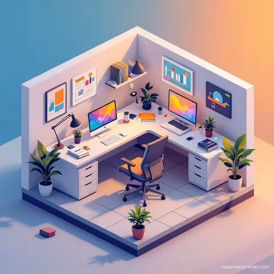 Hedendaagse kantoorruimte, vector isometrische illustratie, schoon en eenvoudig stijl, isometrisch perspectief, helder en kleurrijk kleurenschema, schone vectorlijnen, schaalbare artwork, 3D vectorontwerp, geometrische compositie, enkele kleurachtergrond achtergrond, moderne isometrische kunst, technische vectorillustratie