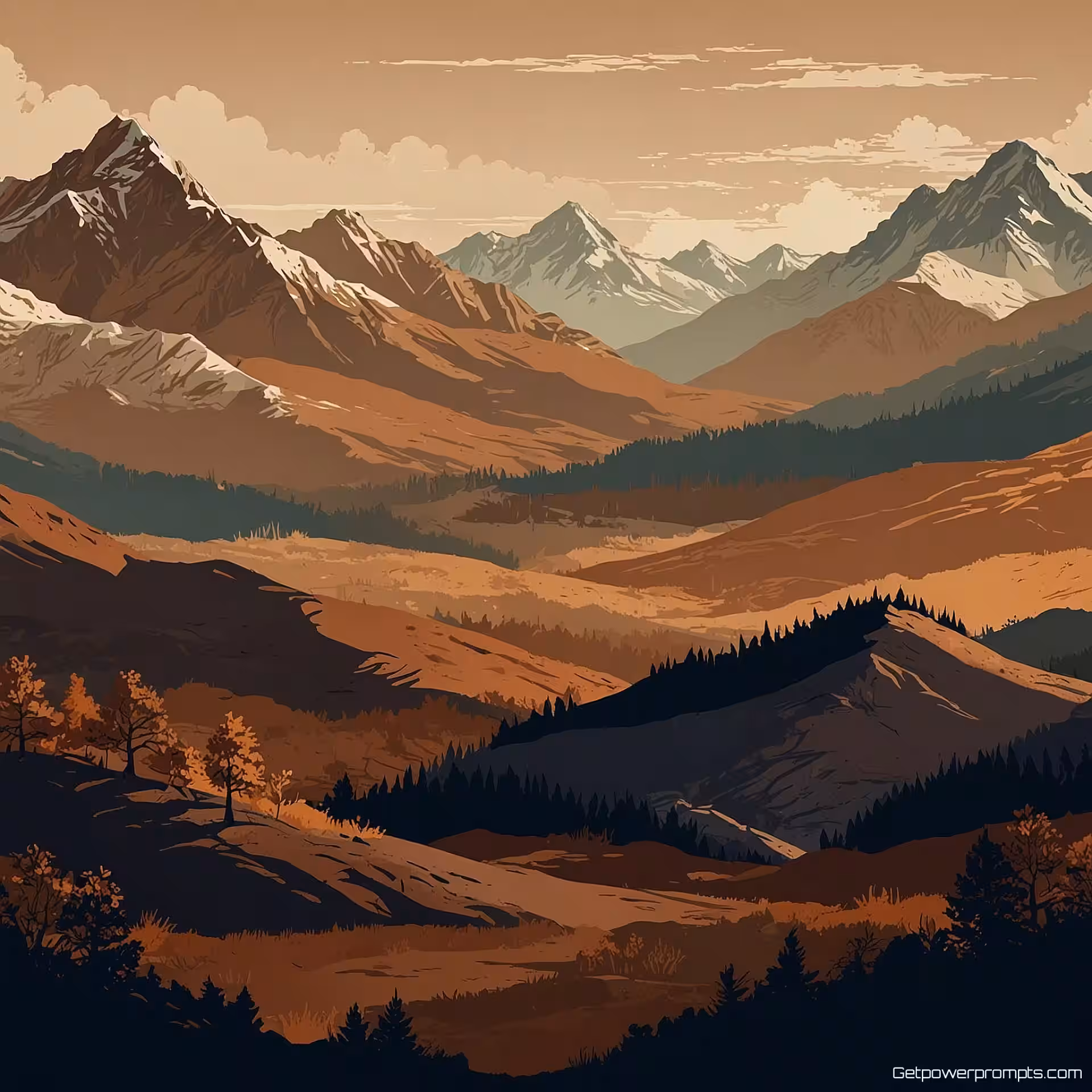 Bergketen, vectorillustratie, minimalistisch stijl, close-up detail perspectief, aardse tinten kleurenschema, gedetailleerde vector kunst, schaalbare graphics, natuurlijke elementen, verloop achtergrond, atmosferische diepte, schone vectorlijnen