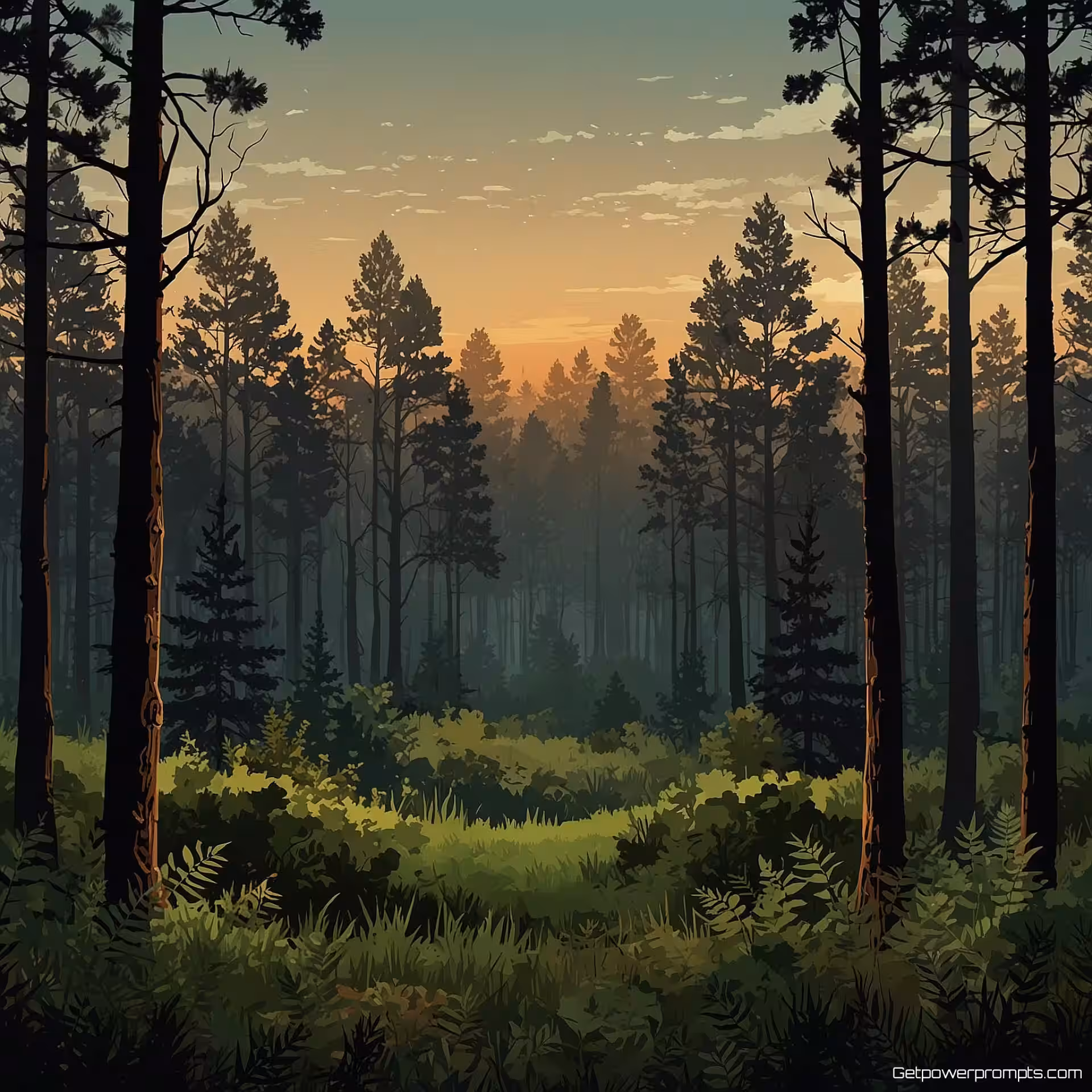 Boslandschap, vectorillustratie, gedetailleerd stijl, panoramisch perspectief, aardse tinten kleurenschema, gedetailleerde vector kunst, schaalbare graphics, natuurlijke elementen, effen achtergrond, atmosferische diepte, schone vectorlijnen