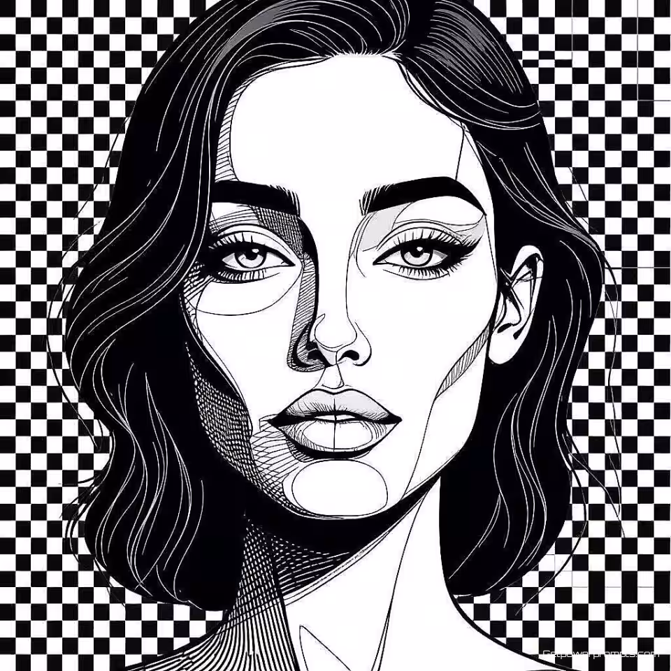 Abstract gezicht, vector lijnkunst illustratie, minimalistisch stijl, gecentreerde compositie perspectief, zwart en wit kleurenschema, doorlopende lijn tekening, minimalistische vector kunstwerk, schone vector lijnen, witte achtergrond achtergrond, moderne esthetiek, schaalbare graphics, artistiek lijnwerk, hedendaagse digitale kunst