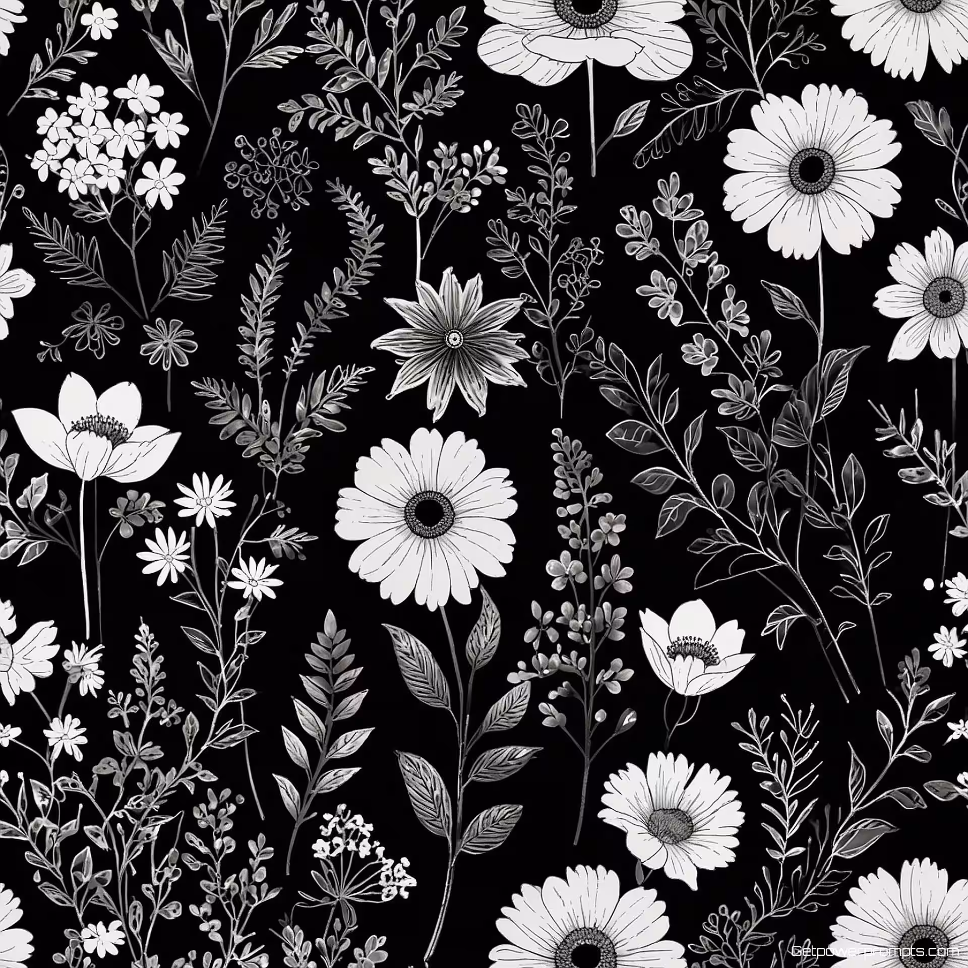 Bloemmotieven, vectorillustratie, minimalistisch stijl, verspreide opstelling arrangement, monochroom kleurenschema, herhalend patroonontwerp, naadloze vectorafbeelding, schaalbare graphics, transparant achtergrond, schone vectorlijnen, moderne esthetiek, decoratieve elementen