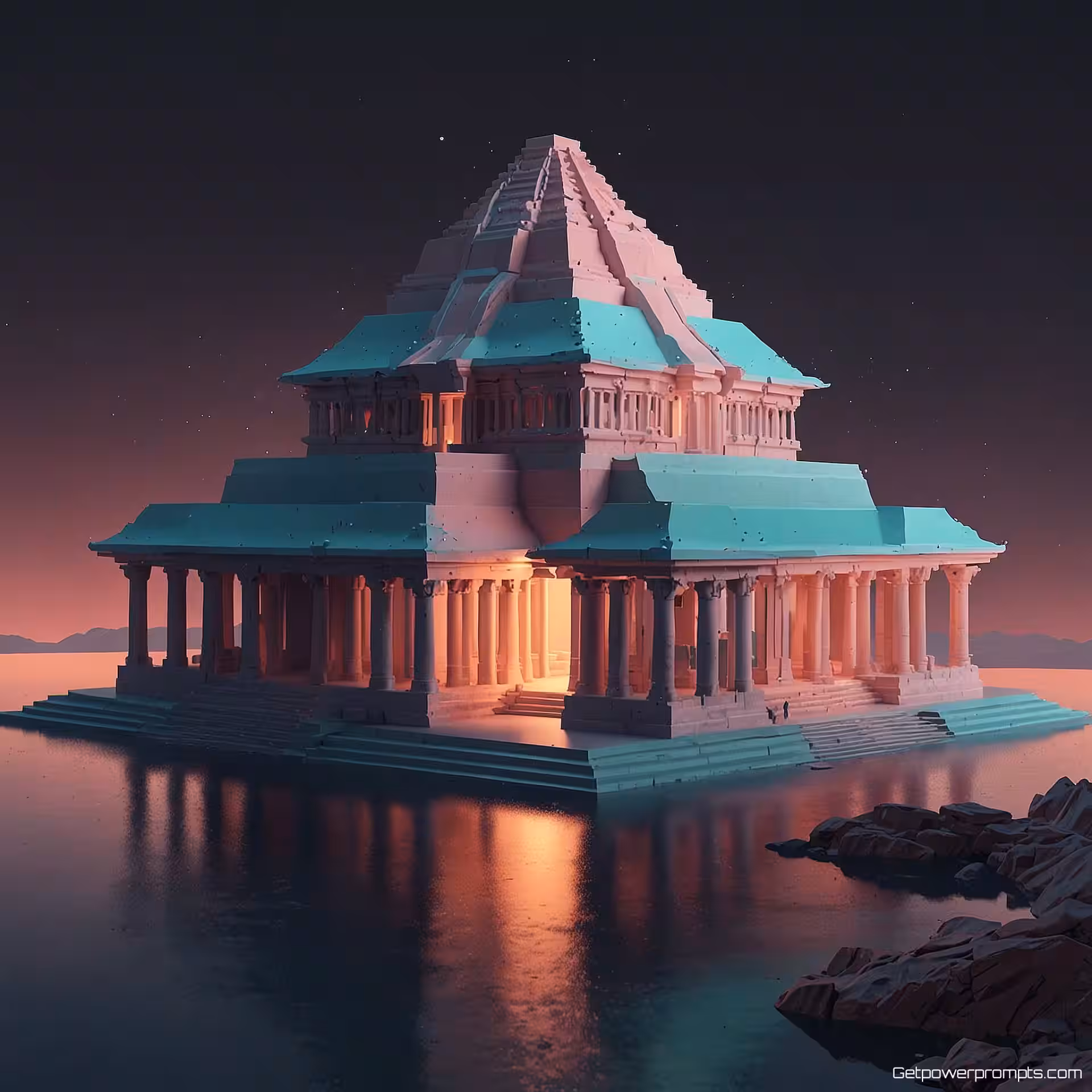 Oude tempel, digitale illustratie, pastelkleuren, hoog perspectief perspectief, futuristische atmosfeer, isometrische digitale kunst, geometrische architectuur, schone lijnen, gedetailleerde structuren, hedendaagse esthetiek, precieze hoeken, minimalistisch ontwerp, digitale illustratie, architecturale visualisatie