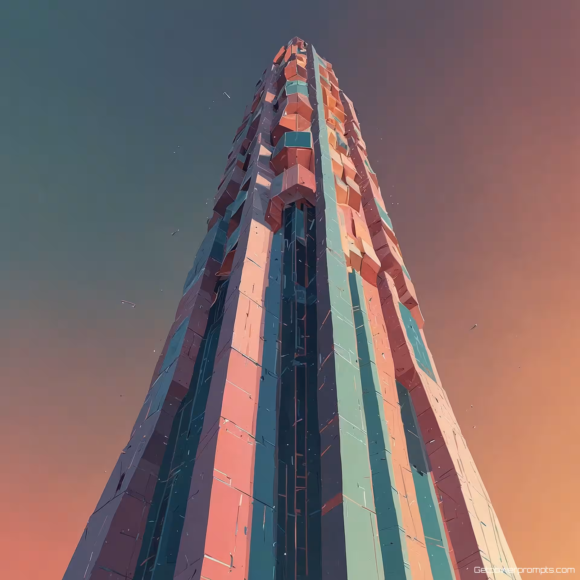 Futuristische toren, digitale illustratie, pastelkleuren, laag perspectief perspectief, serene atmosfeer, isometrische digitale kunst, geometrische architectuur, schone lijnen, gedetailleerde structuren, hedendaagse esthetiek, precieze hoeken, minimalistisch ontwerp, digitale illustratie, architecturale visualisatie