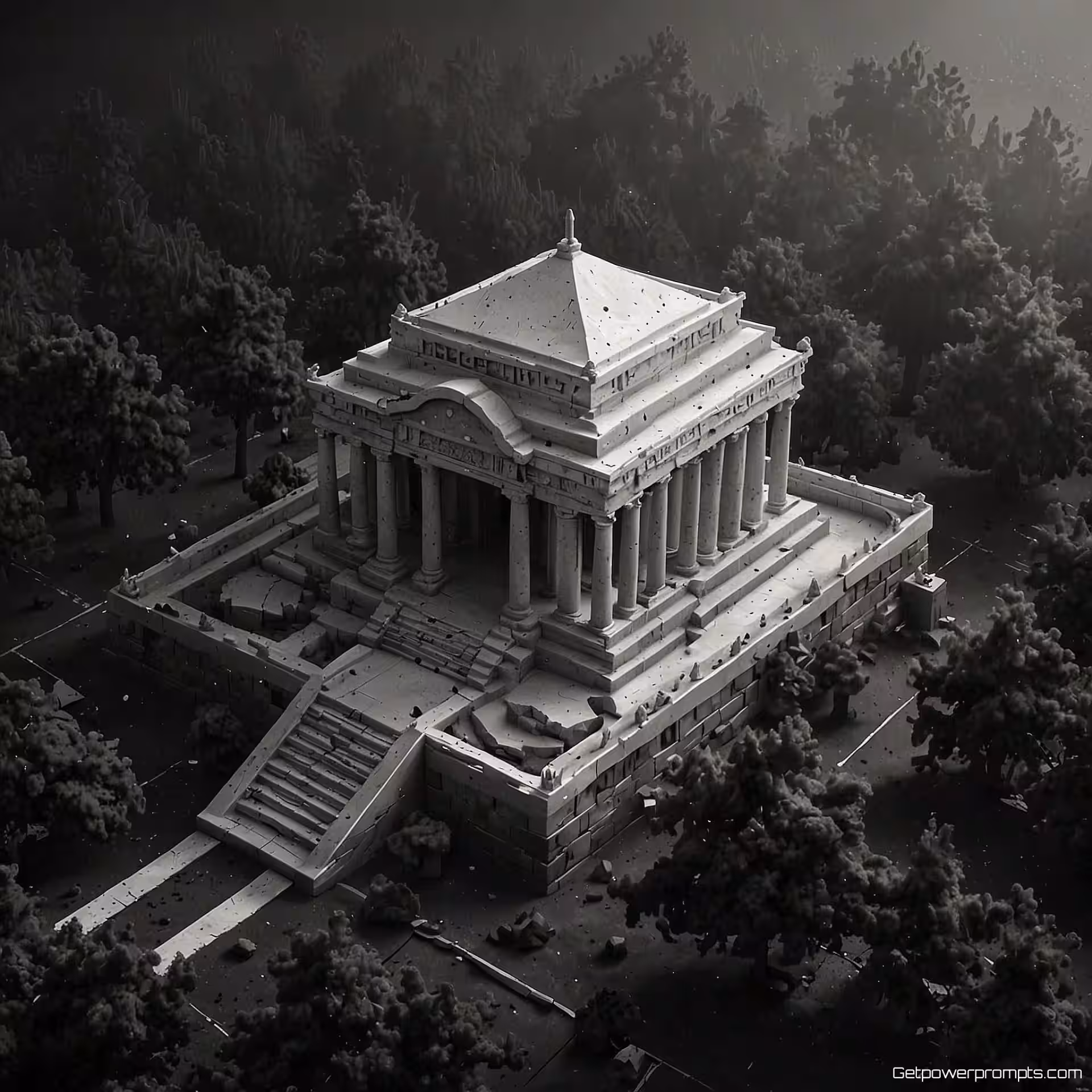 Oude tempel, digitale illustratie, monochroom, hoog perspectief perspectief, serene atmosfeer, isometrische digitale kunst, geometrische architectuur, schone lijnen, gedetailleerde structuren, hedendaagse esthetiek, precieze hoeken, minimalistisch ontwerp, digitale illustratie, architecturale visualisatie