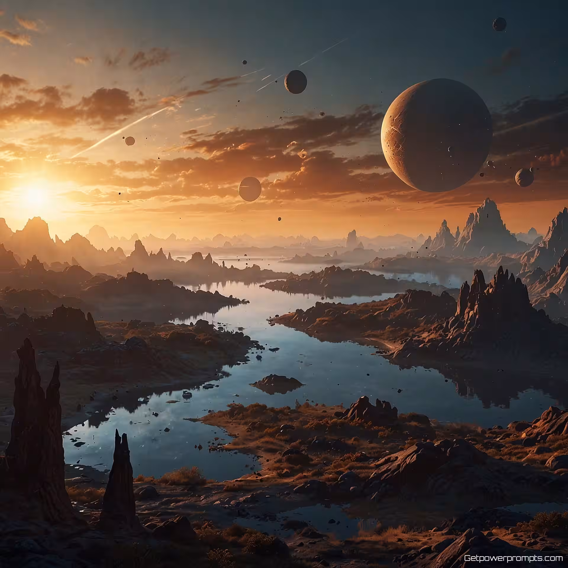 Buitenaardse planeet met zwevende eilanden, concept art, mysterieus sfeer, gedempt, zonsondergang belichting, close-up perspectief, digitale landschapskunst, atmosferische effecten, gedetailleerde omgeving, meeslepende scène, fantasy-elementen, natuurlijke schoonheid