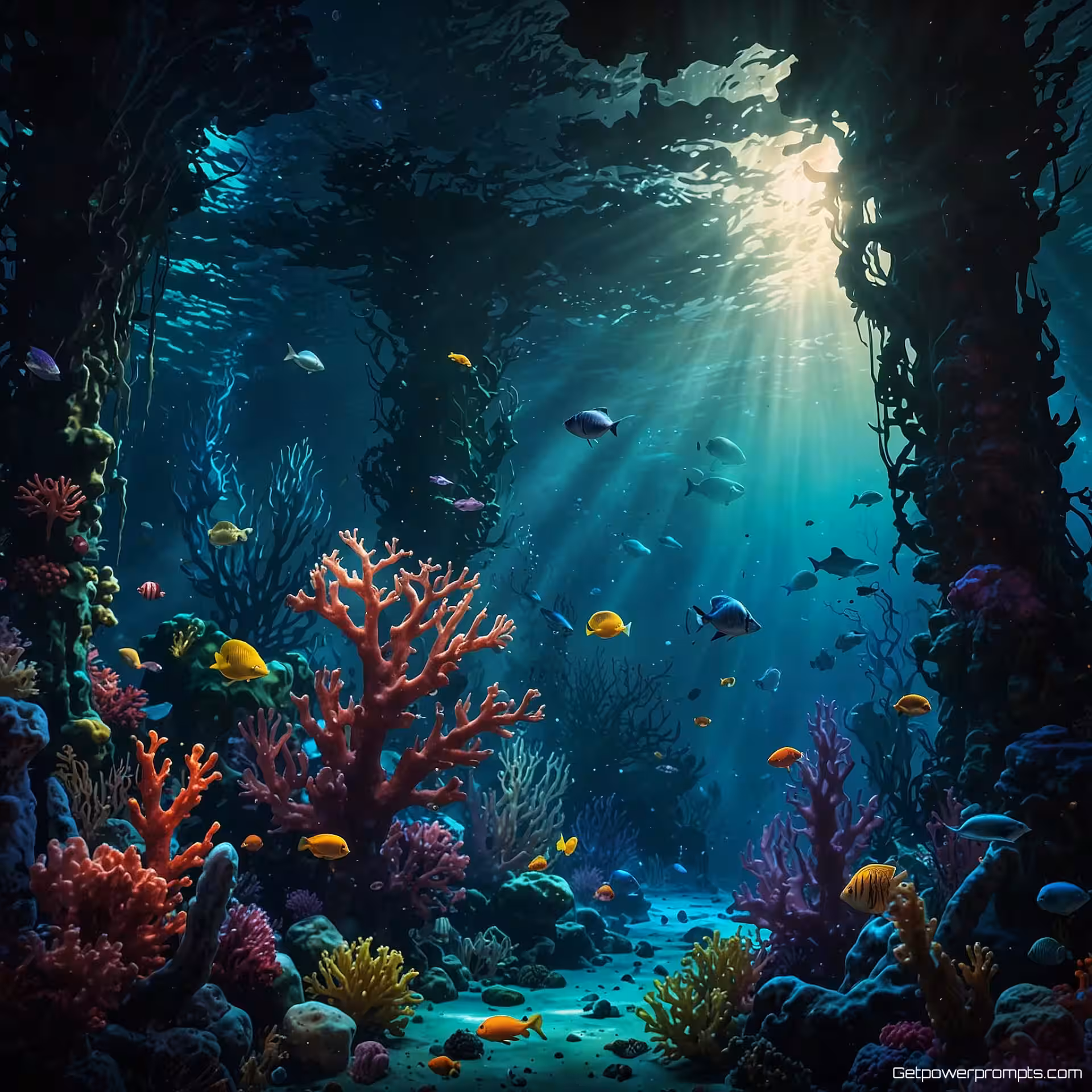 Onderwater koraalrif met zeedieren, concept art, mysterieus sfeer, levendig, dramatisch belichting, breed perspectief perspectief, digitale landschapskunst, atmosferische effecten, gedetailleerde omgeving, meeslepende scène, fantasy-elementen, natuurlijke schoonheid