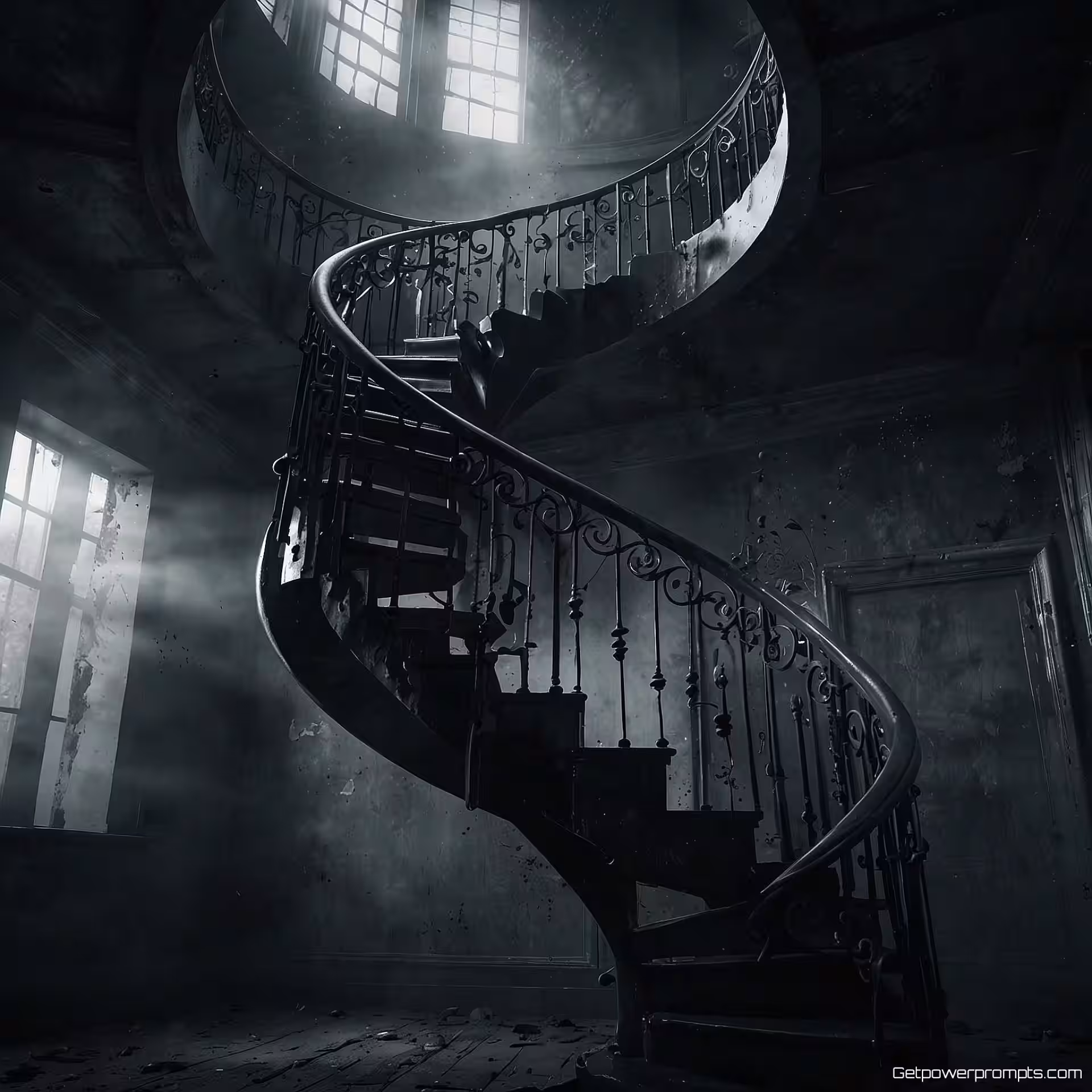 Eindeloze wenteltrap, digitale schilderkunst, monochroom schema, close-up shot perspectief, dromerige sfeer atmosfeer, surreële digitale kunst, droomachtige elementen, fantasierijke concepten, zwevende objecten, onmogelijke architectuur, etherische belichting, symbolische beeldtaal, digitale schilderkunst