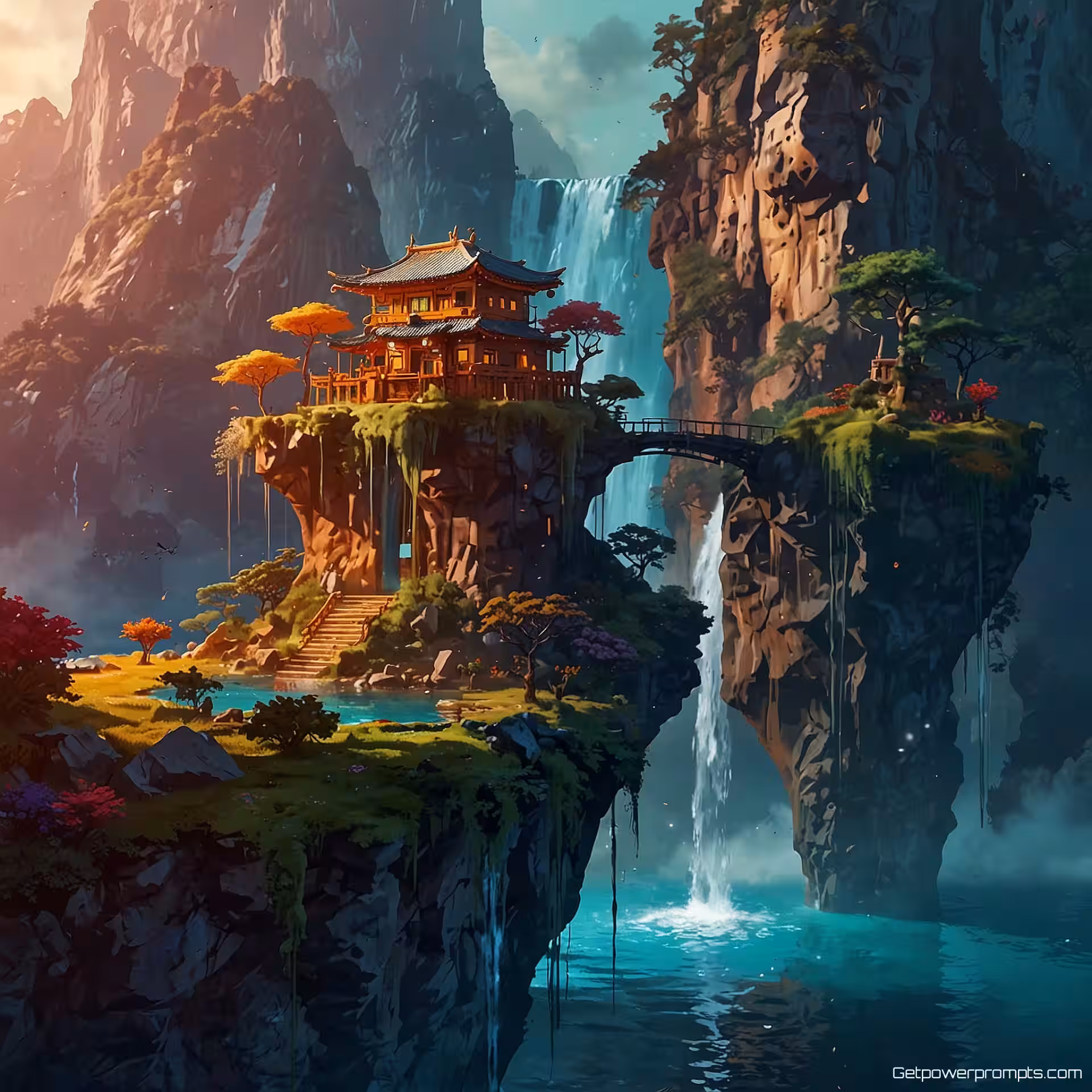Zwevende eilanden met watervallen, digitale schilderkunst, levendig kleurenpalet, close-up shot perspectief, vredige stemming atmosfeer, surreële digitale kunst, droomachtige elementen, fantasierijke concepten, zwevende objecten, onmogelijke architectuur, etherische belichting, symbolische beeldtaal, digitale schilderkunst