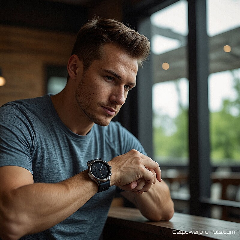 fitness smartwatch, lifestyle photography, coffee shop interior background, natural daylight lighting, soft background focus, authentic atmosphere, professional advertising style