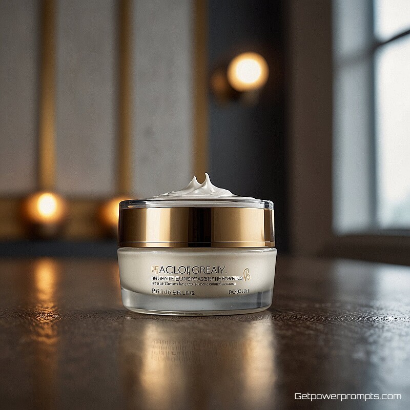 luxury face cream, lifestyle photography, modern living room background, natural daylight lighting, soft background focus, authentic atmosphere, professional advertising style