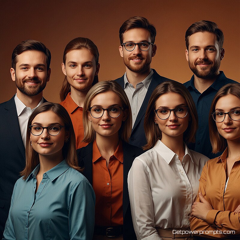 team photo, photorealistic, off-center perspective, gradient background, dramatic lighting, warm tones, social media profile banner, header image format, professional branding, clean aesthetic, banner-ready composition