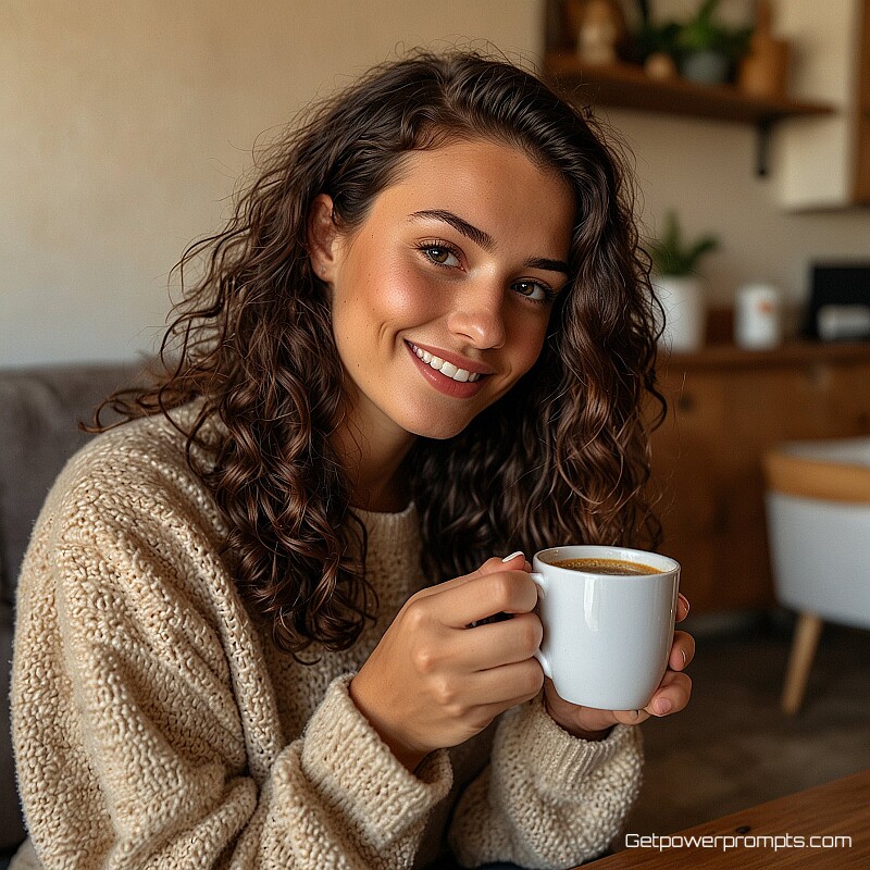 person drinking coffee, user-generated content photography, eye-level perspective, living room background background, golden hour lighting lighting, joyful atmosphere, authentic social media aesthetic, candid moment, natural interaction, mobile-first format, amateur photography style, relatable content, engagement-focused visual