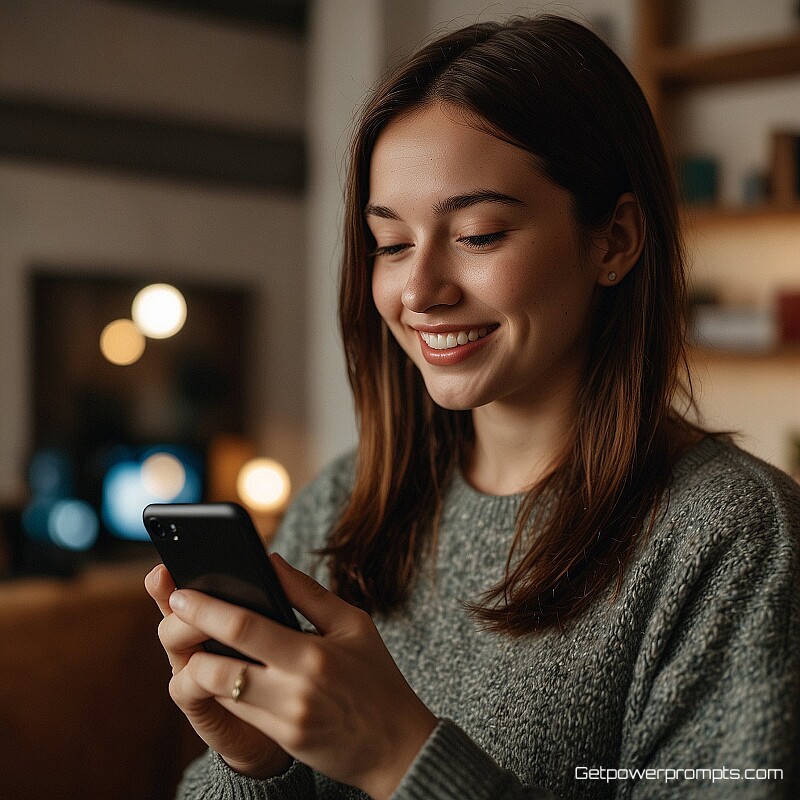 customer using smartphone, user-generated content photography, close-up perspective, living room background background, soft ambient light lighting, joyful atmosphere, authentic social media aesthetic, candid moment, natural interaction, mobile-first format, amateur photography style, relatable content, engagement-focused visual