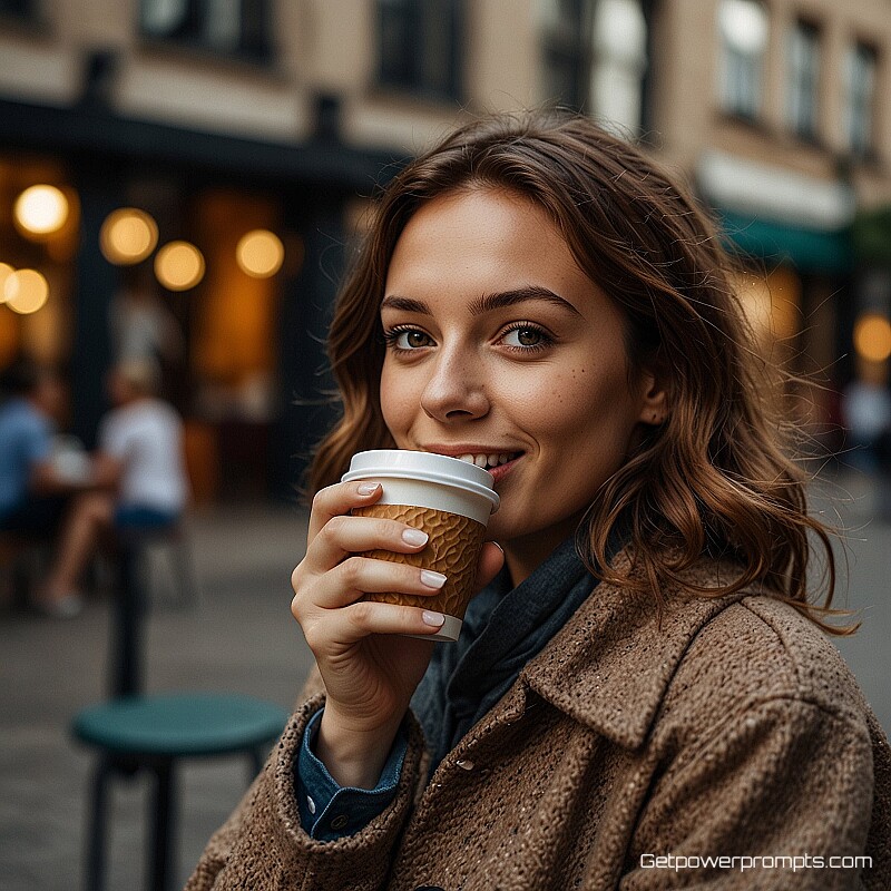 person drinking coffee, user-generated content photography, close-up perspective, city street background background, natural lighting lighting, joyful atmosphere, authentic social media aesthetic, candid moment, natural interaction, mobile-first format, amateur photography style, relatable content, engagement-focused visual