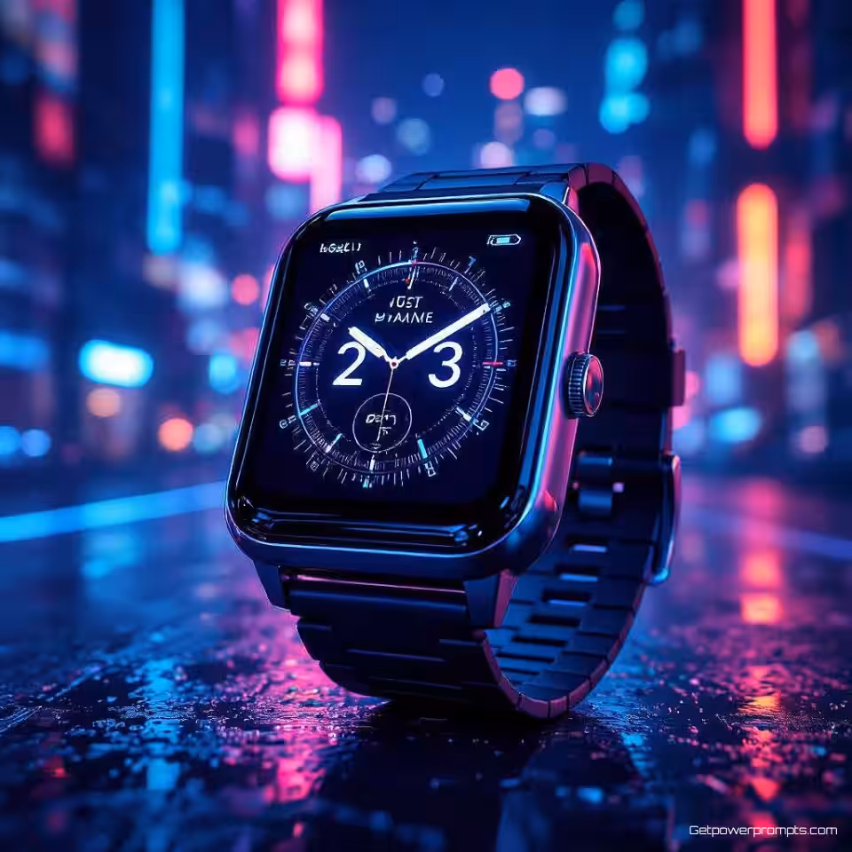 Smartwatch, futuristische advertentiefotografie, neon stadsgezicht omgeving, neon blauwe gloed verlichting, neon cyaan en magenta kleurenschema, cyberpunk esthetiek, neon gloei-effecten, holografische elementen, metalen oppervlakken, dramatische schaduwen, professionele advertentiekwaliteit, scherpe focus, technologische sfeer
