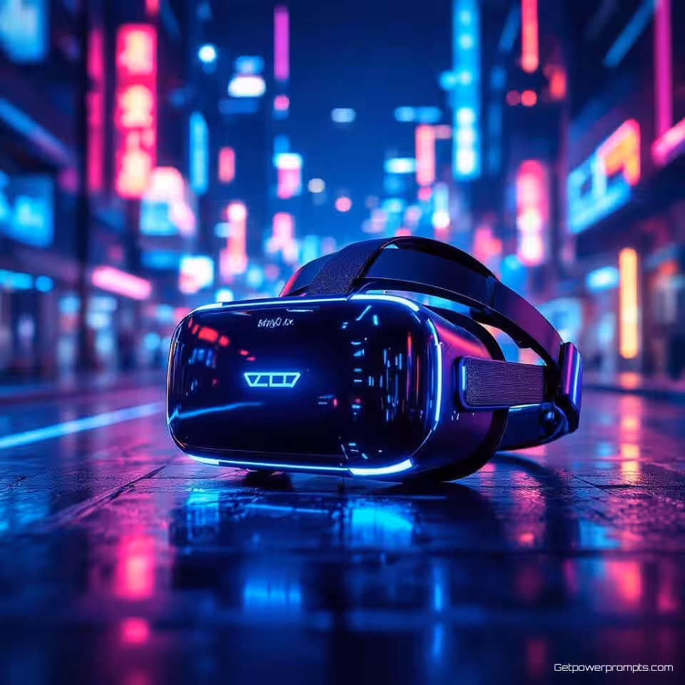 VR-headset, futuristische advertentiefotografie, neon stadsgezicht omgeving, neon blauwe gloed verlichting, neon cyaan en magenta kleurenschema, cyberpunk esthetiek, neon gloei-effecten, holografische elementen, metalen oppervlakken, dramatische schaduwen, professionele advertentiekwaliteit, scherpe focus, technologische sfeer