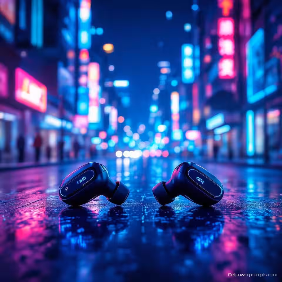 Draadloze oortelefoons, futuristische advertentiefotografie, neon stadsgezicht omgeving, neon blauwe gloed verlichting, neon cyaan en magenta kleurenschema, cyberpunk esthetiek, neon gloei-effecten, holografische elementen, metalen oppervlakken, dramatische schaduwen, professionele advertentiekwaliteit, scherpe focus, technologische sfeer