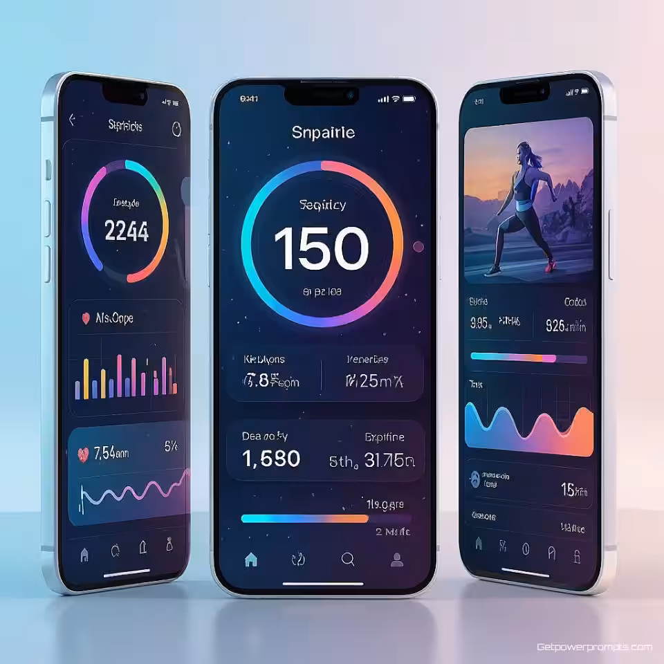Fitness tracking applicatie, fotorealistisch, verloop achtergrond achtergrond, studiobelichting verlichting, close-up perspectief, levendig kleurenpalet, social media advertentie, opvallend ontwerp, moderne esthetiek