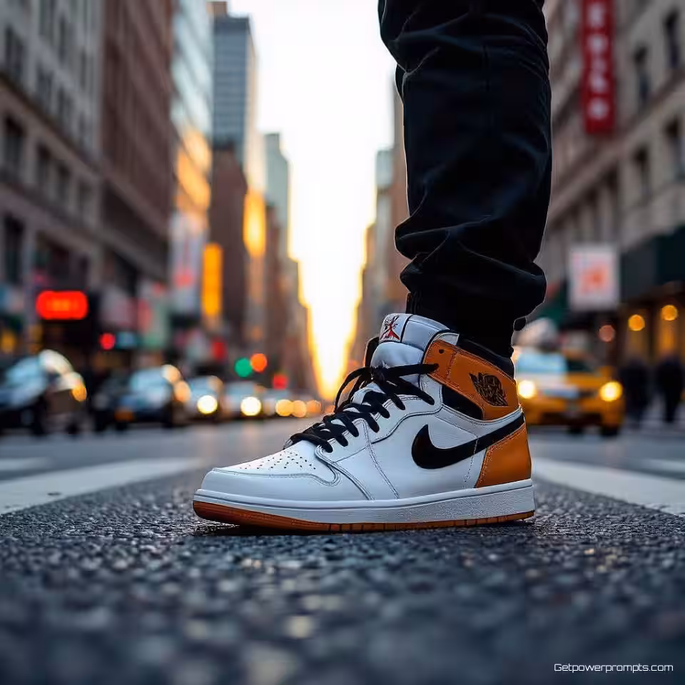 Premium sneakers, stedelijke straatfotografie, documentaire stijl esthetiek, drukke stedelijke straten omgeving, natuurlijk daglicht belichting, spontane compositie, levendige sfeer atmosfeer, authentieke straatstijl, lifestyle reclame, natuurlijke beweging, stedelijke context, professionele kwaliteit