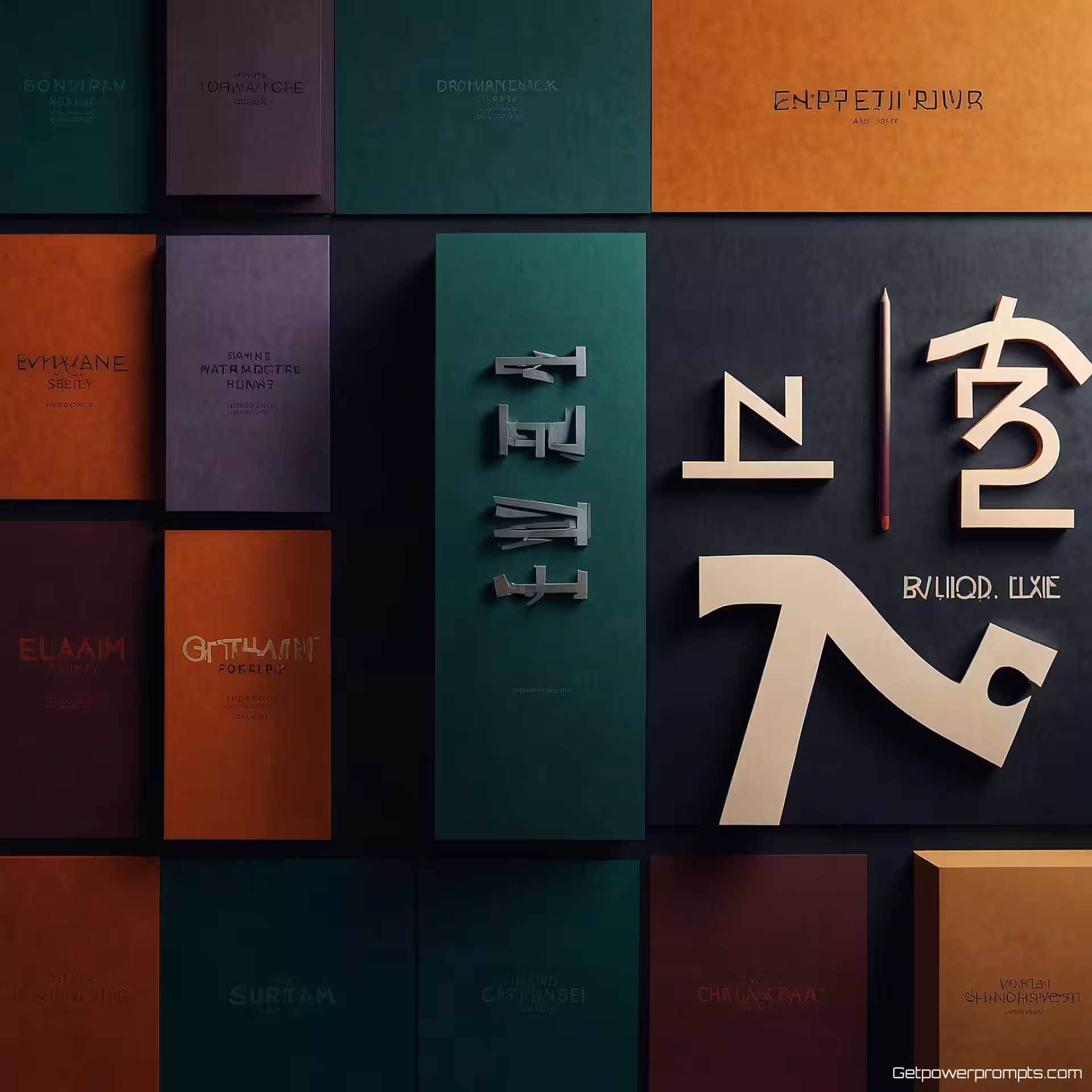Merktypografie, fotorealistisch, fotocollage compositie, merkkleuren, dramatisch licht belichting, professioneel sfeer, overlappende elementen, visuele verhaalvertelling, merkidentiteitssysteem, professionele esthetiek, samenhangende opstelling, moderne merkart